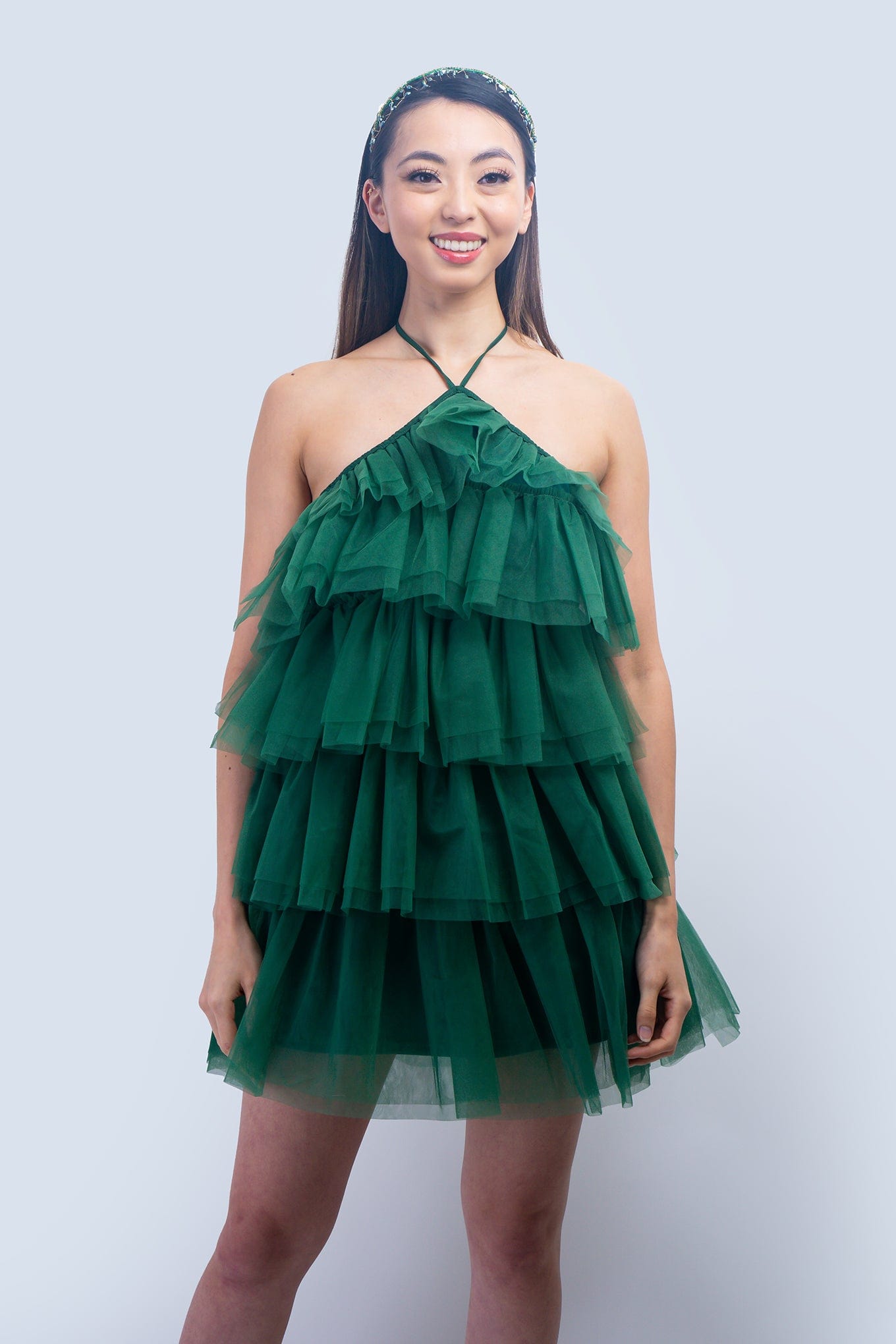 DCD DRESSES Hunter Green Halter Neck Tulle Ruffle Mini Dress