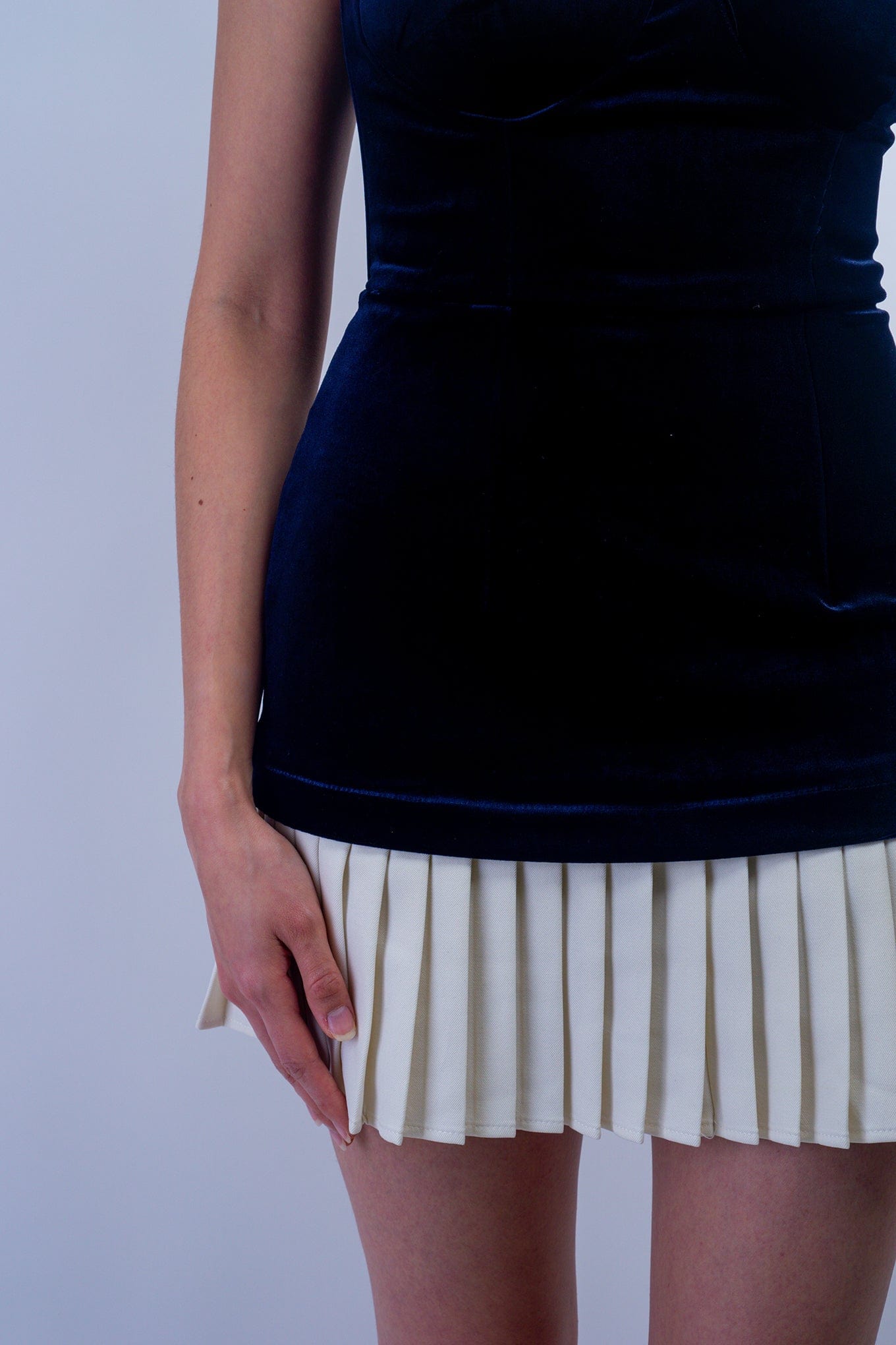 DCD DRESSES Navy Strapless Velvet Pleated Skirt Dress