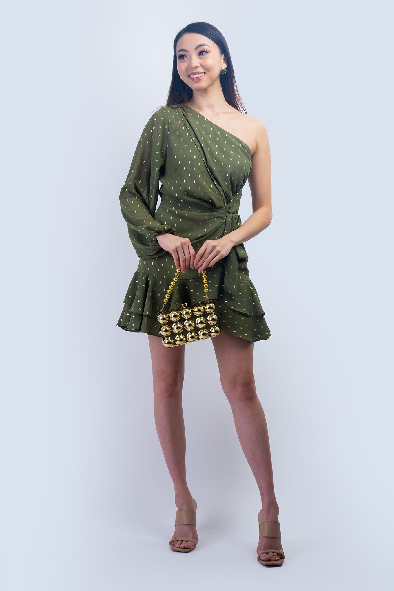 DCD DRESSES Olive & Gold One Shoulder Mini Dress