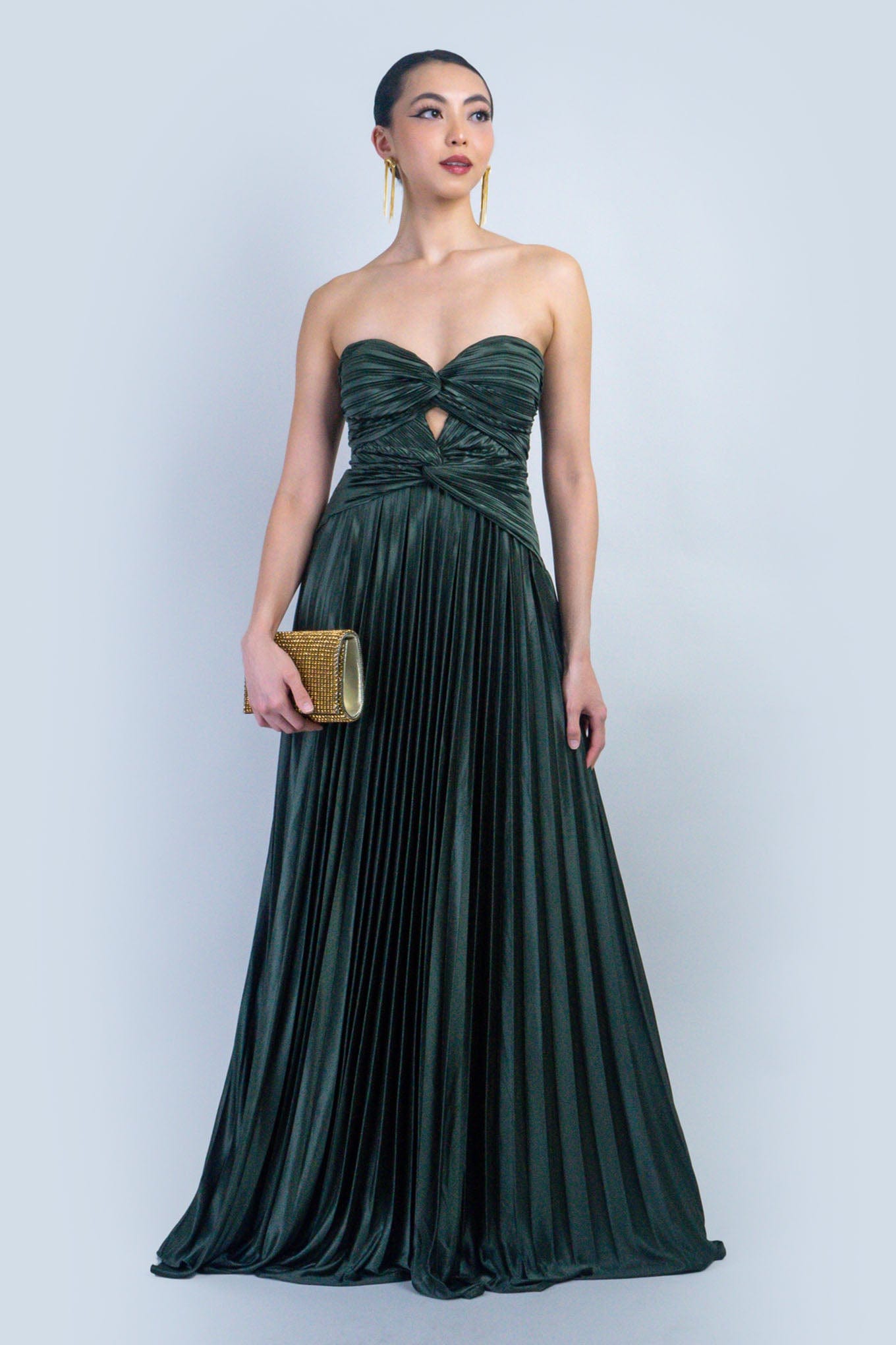 DCD DRESSES Olive Satin Sweetheart Pleated Twist Gown