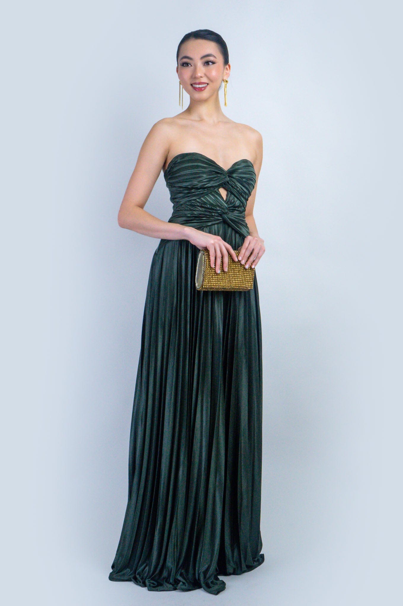 DCD DRESSES Olive Satin Sweetheart Pleated Twist Gown