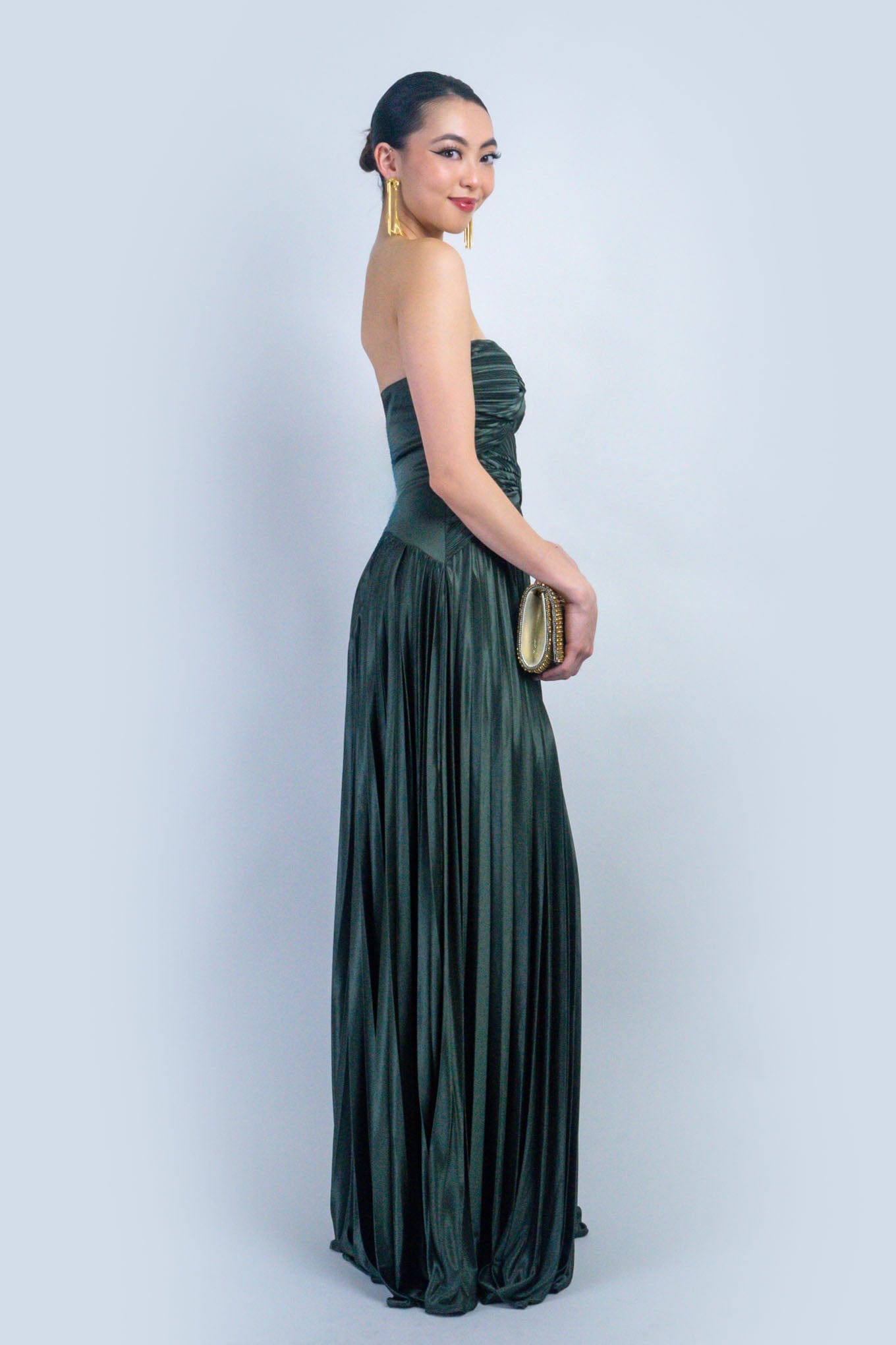 DCD DRESSES Olive Satin Sweetheart Pleated Twist Gown