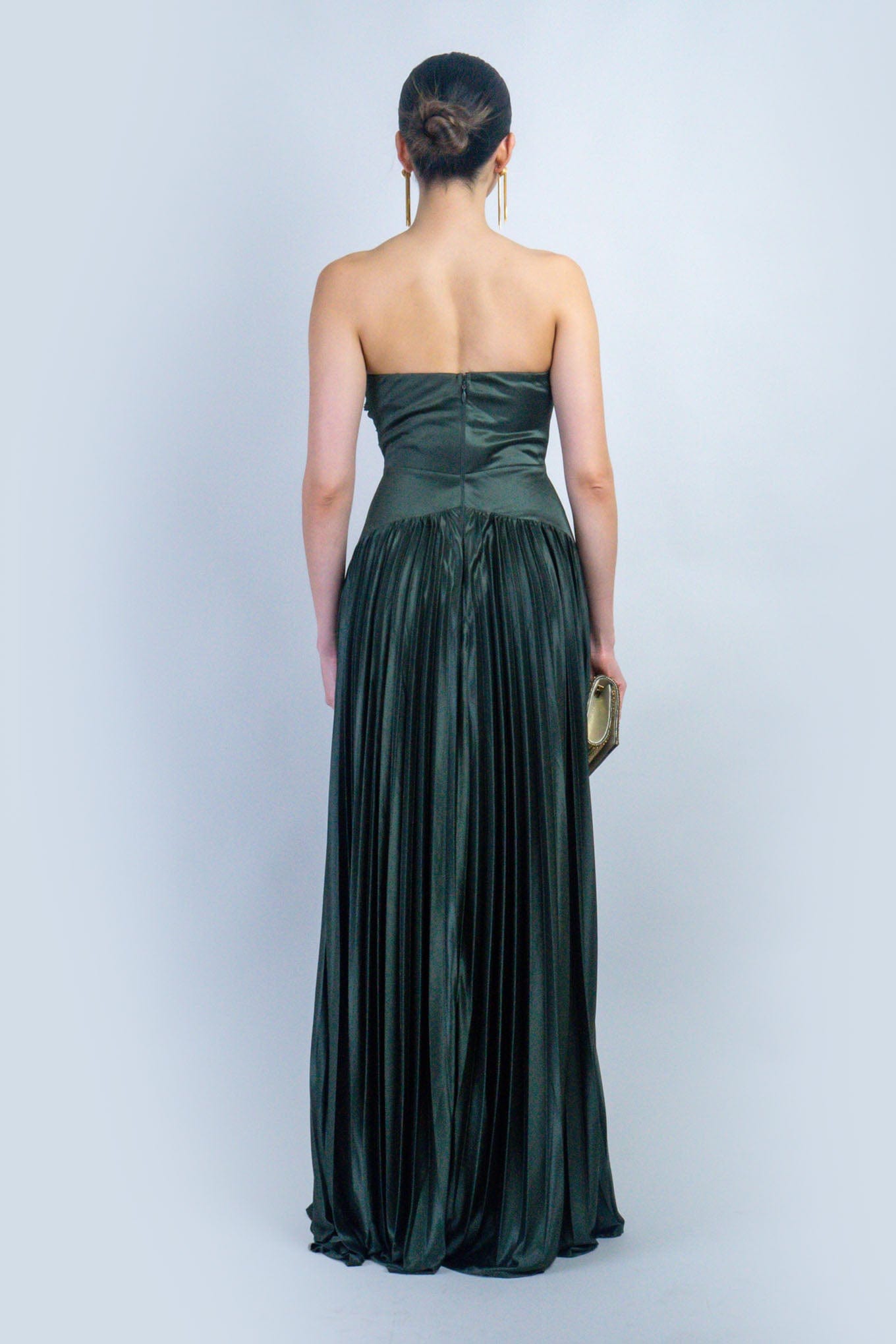 DCD DRESSES Olive Satin Sweetheart Pleated Twist Gown