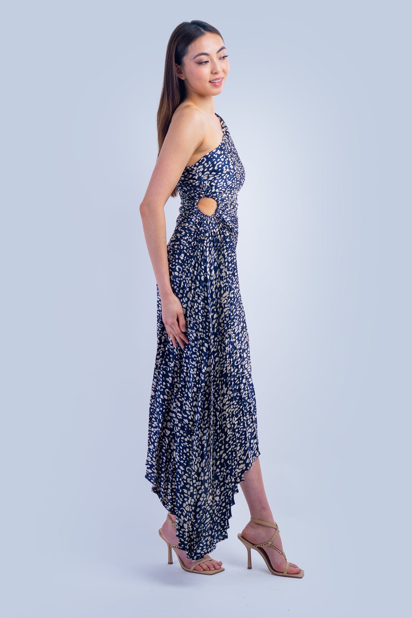 DCD DRESSES One Shoulder Asymmetrical Pleated Navy Leopard Dress