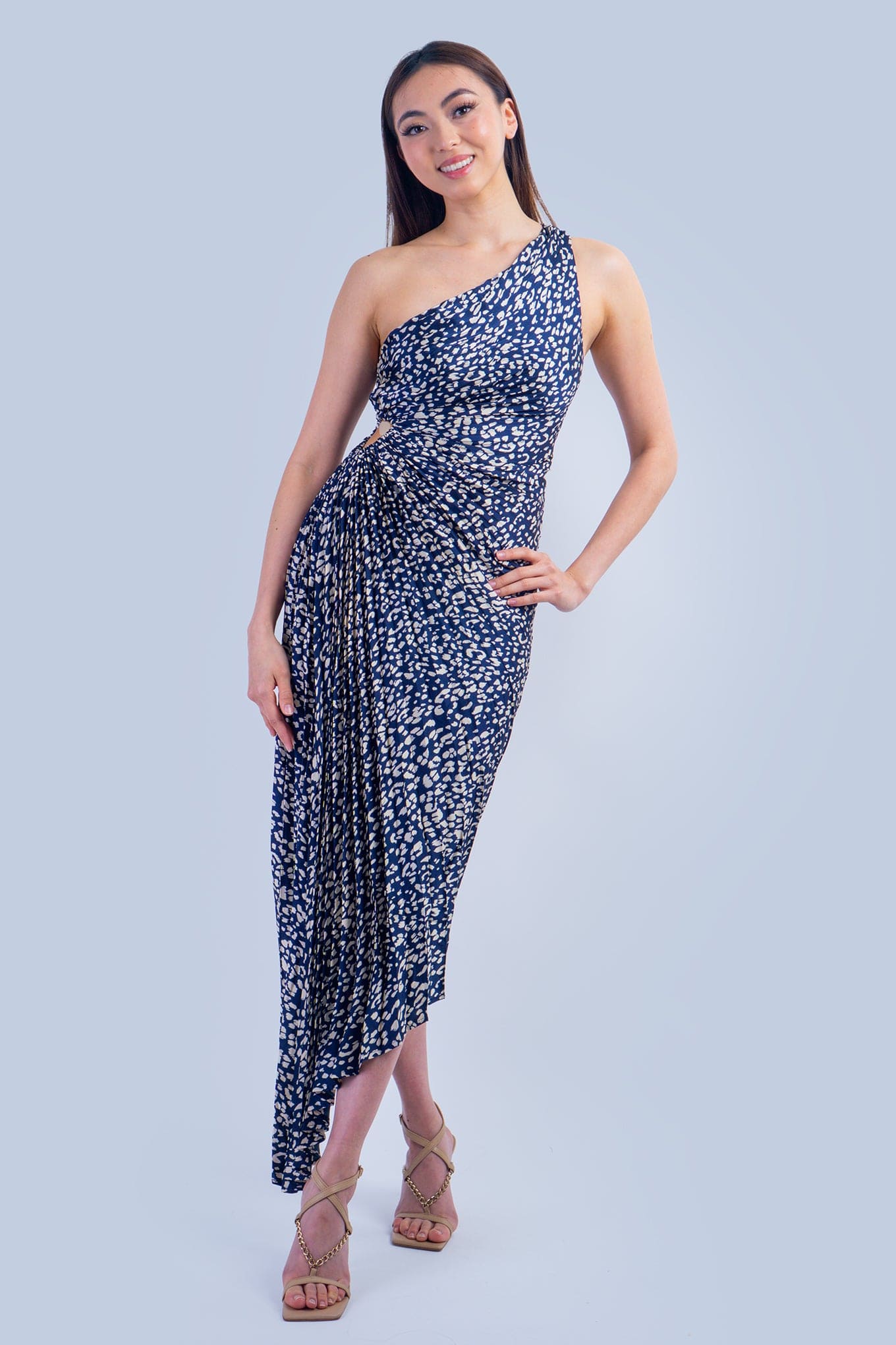 DCD DRESSES One Shoulder Asymmetrical Pleated Navy Leopard Dress