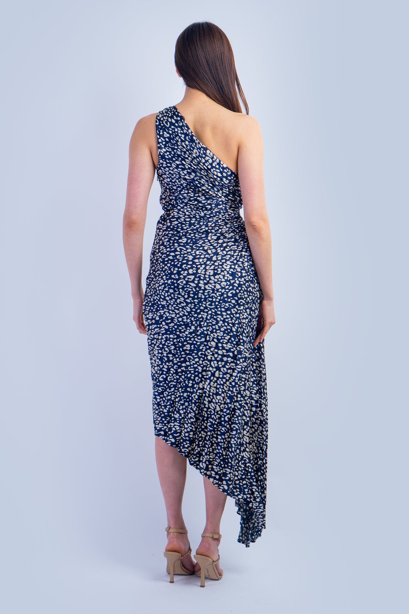 DCD DRESSES One Shoulder Asymmetrical Pleated Navy Leopard Dress