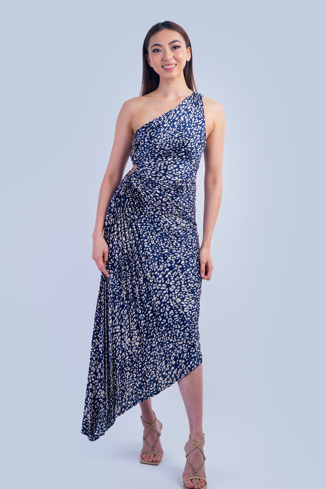 DCD DRESSES One Shoulder Asymmetrical Pleated Navy Leopard Dress