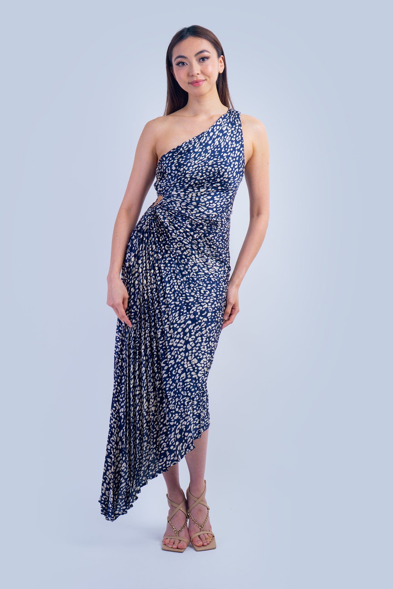 DCD DRESSES One Shoulder Asymmetrical Pleated Navy Leopard Dress