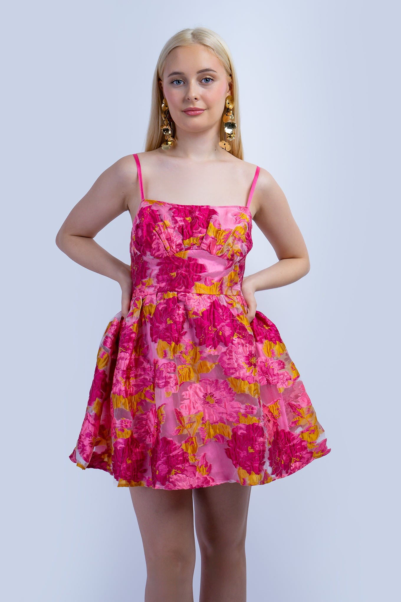 DCD DRESSES Pink Chartruese Floral Jacquard Dress