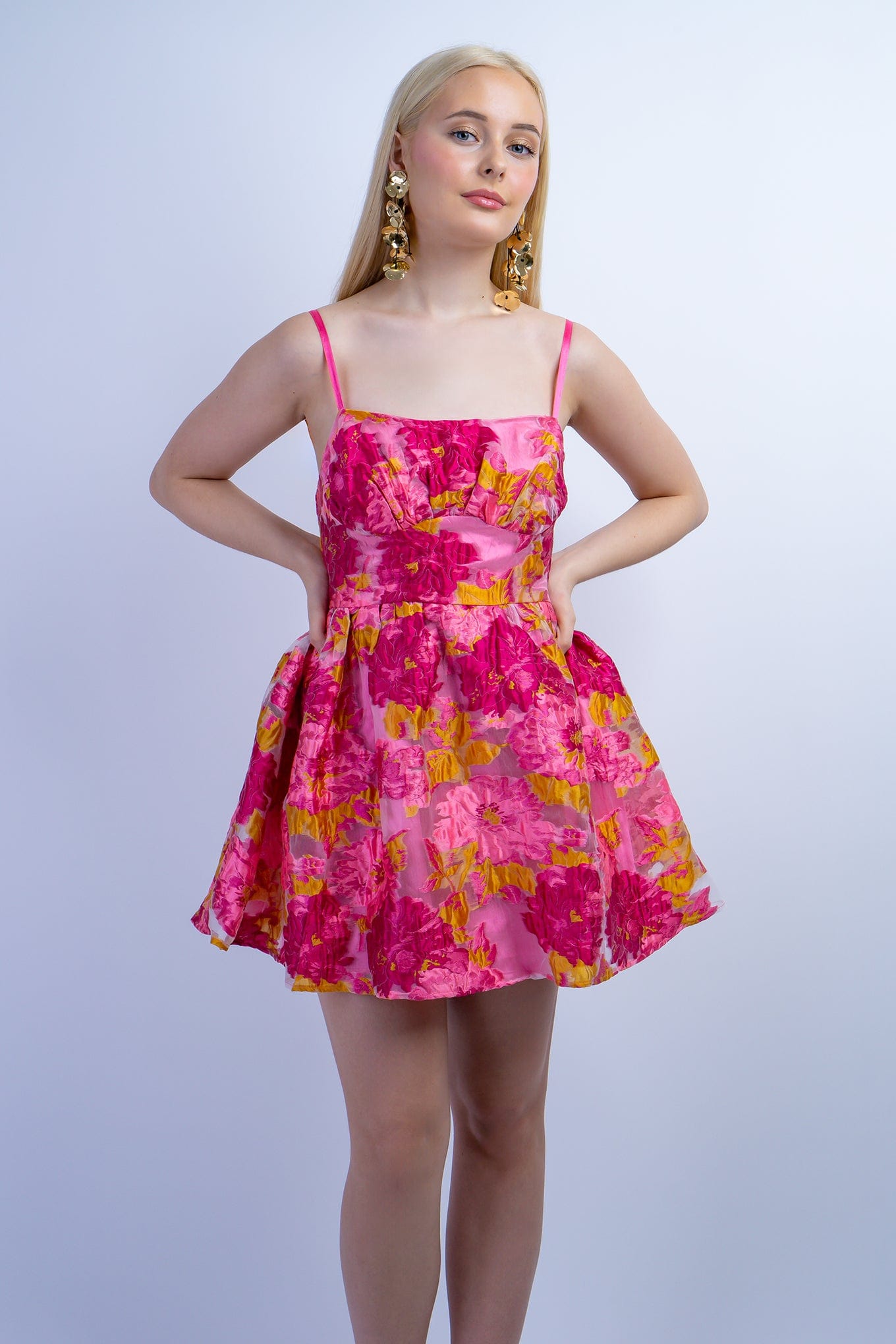 DCD DRESSES Pink Chartruese Floral Jacquard Dress