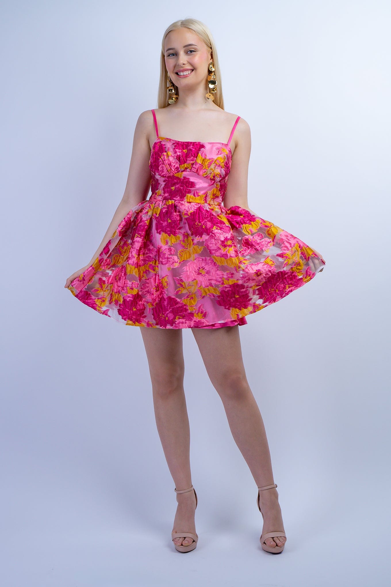 DCD DRESSES Pink Chartruese Floral Jacquard Dress