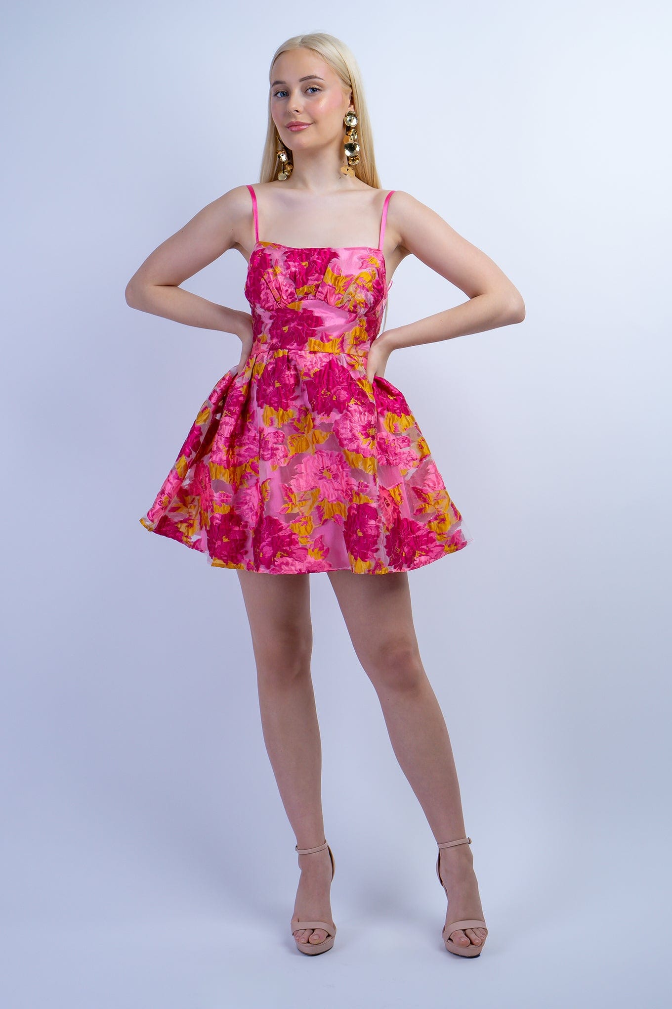 DCD DRESSES Pink Chartruese Floral Jacquard Dress