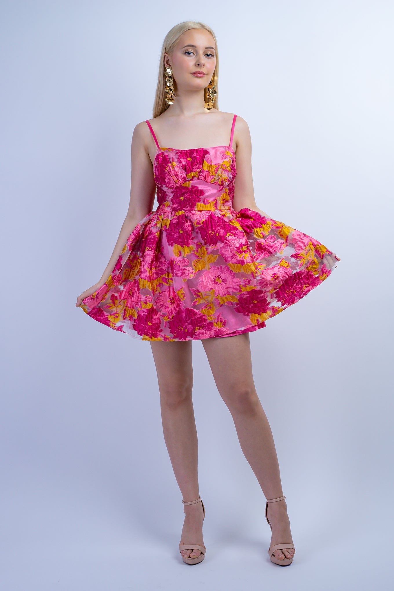 DCD DRESSES Pink Chartruese Floral Jacquard Dress