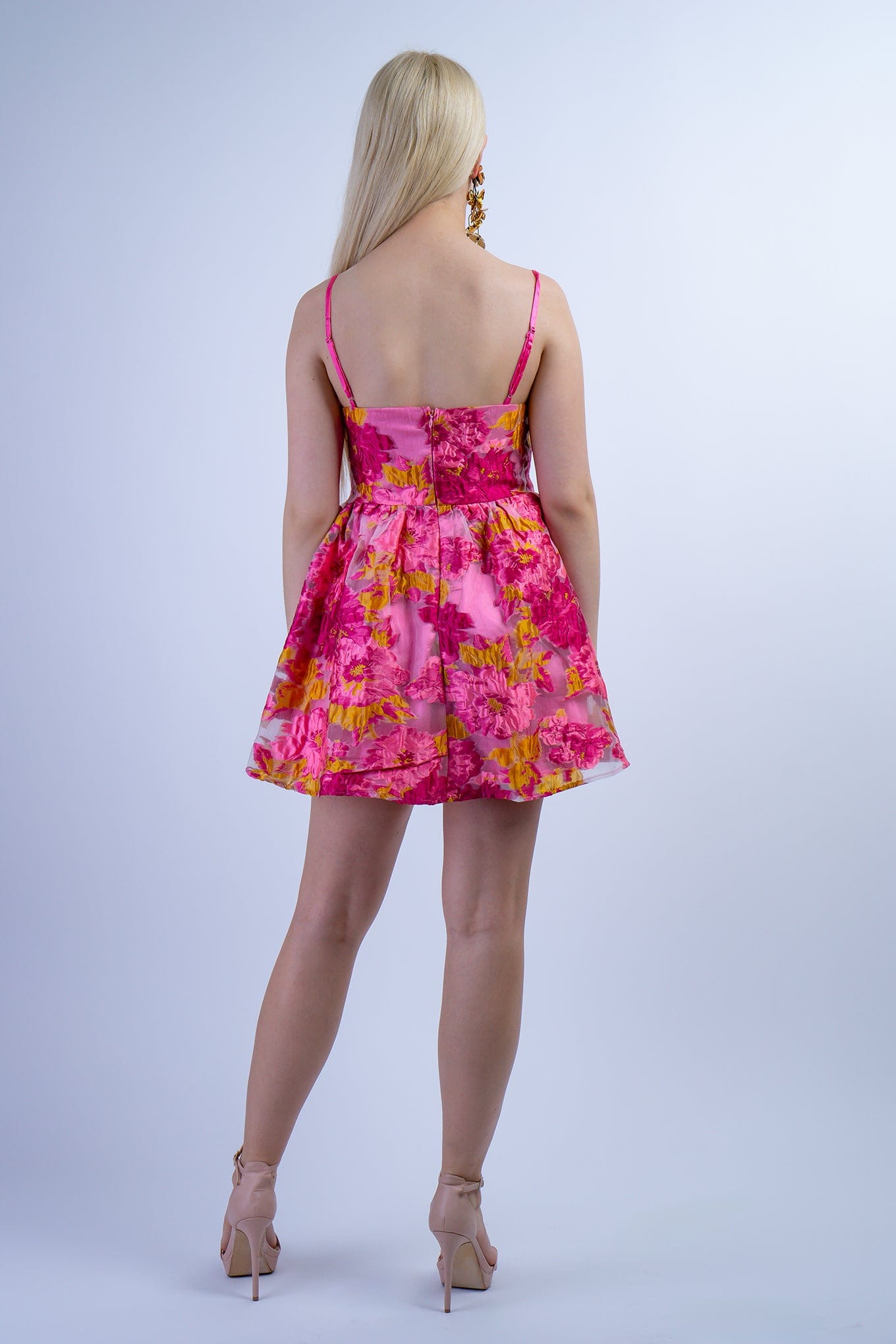 DCD DRESSES Pink Chartruese Floral Jacquard Dress