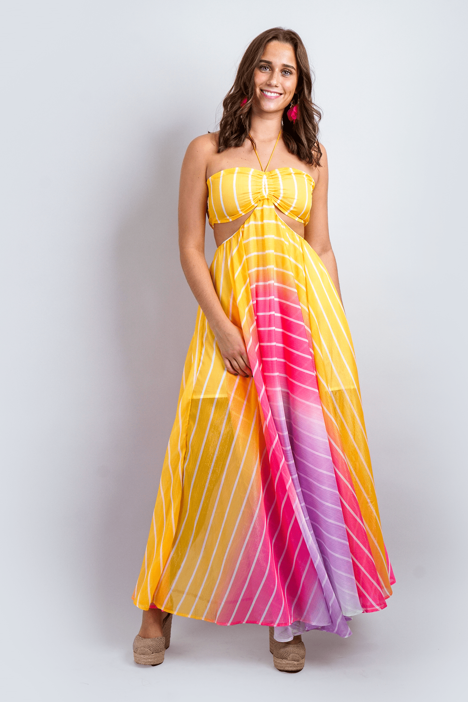 DCD DRESSES Rainbow Ombre Stripe Halter Maxi