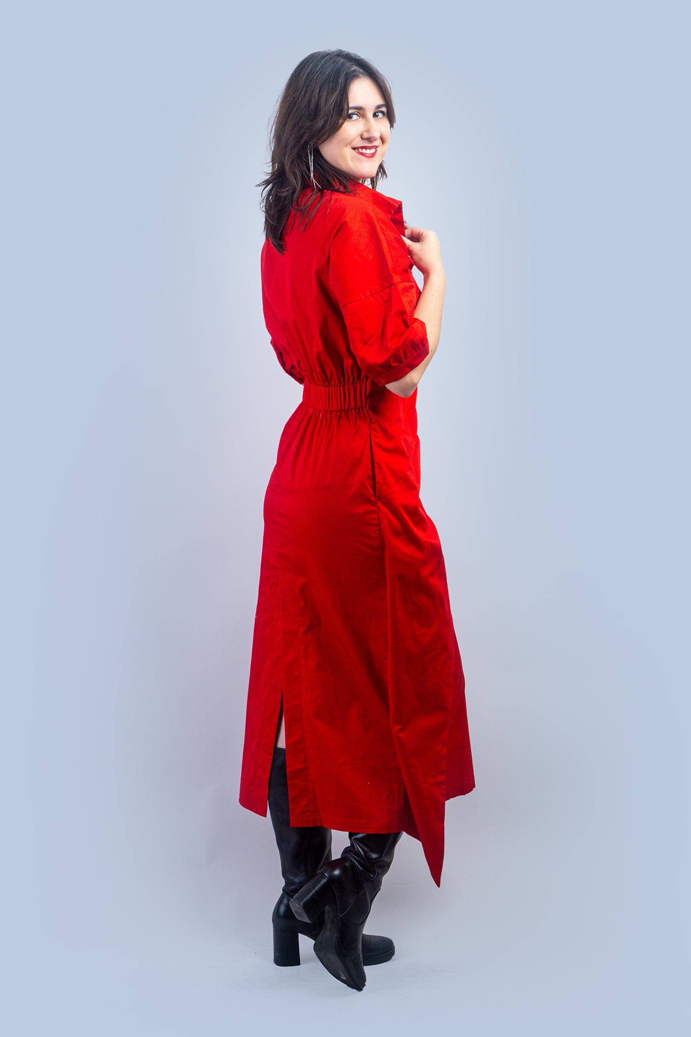 DCD DRESSES Red Cotton Side Tie Shirt Dress