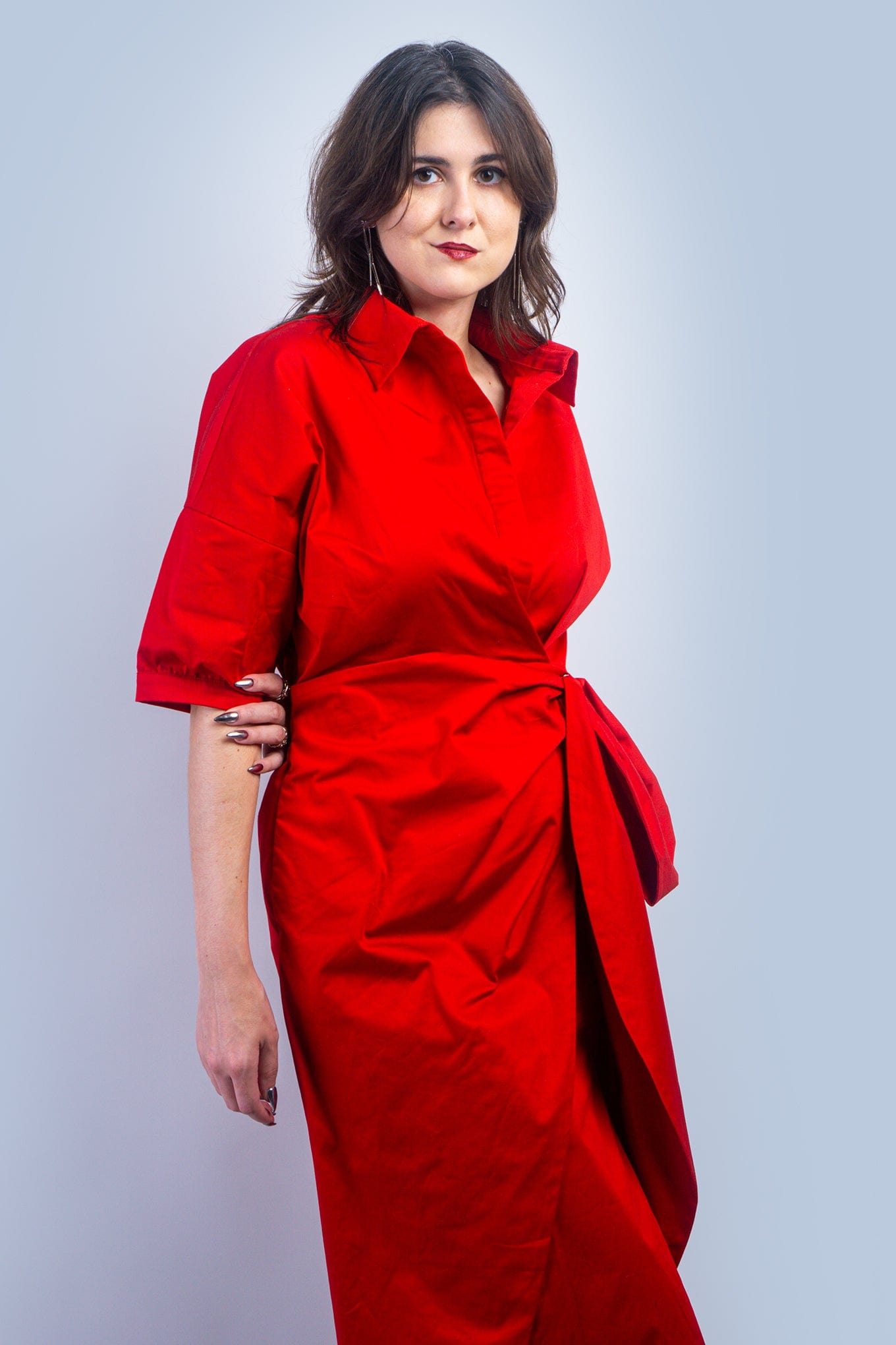 DCD DRESSES Red Cotton Side Tie Shirt Dress