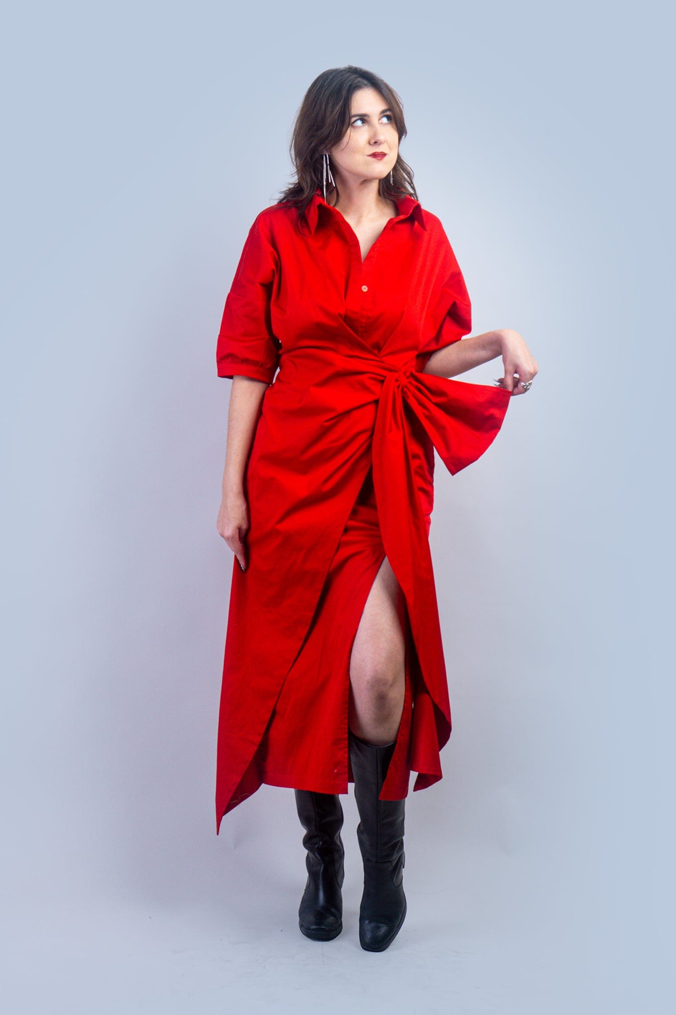 DCD DRESSES Red Cotton Side Tie Shirt Dress