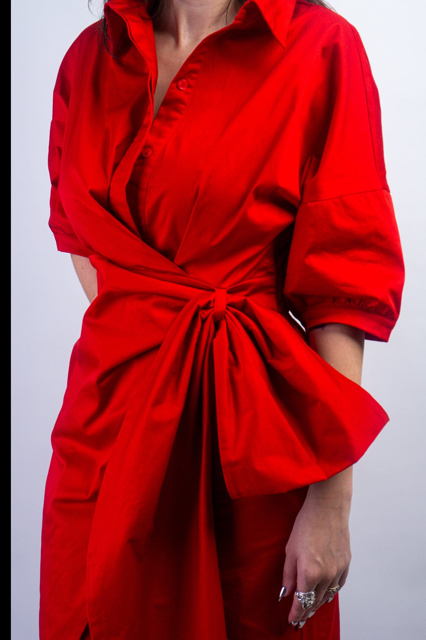 DCD DRESSES Red Cotton Side Tie Shirt Dress