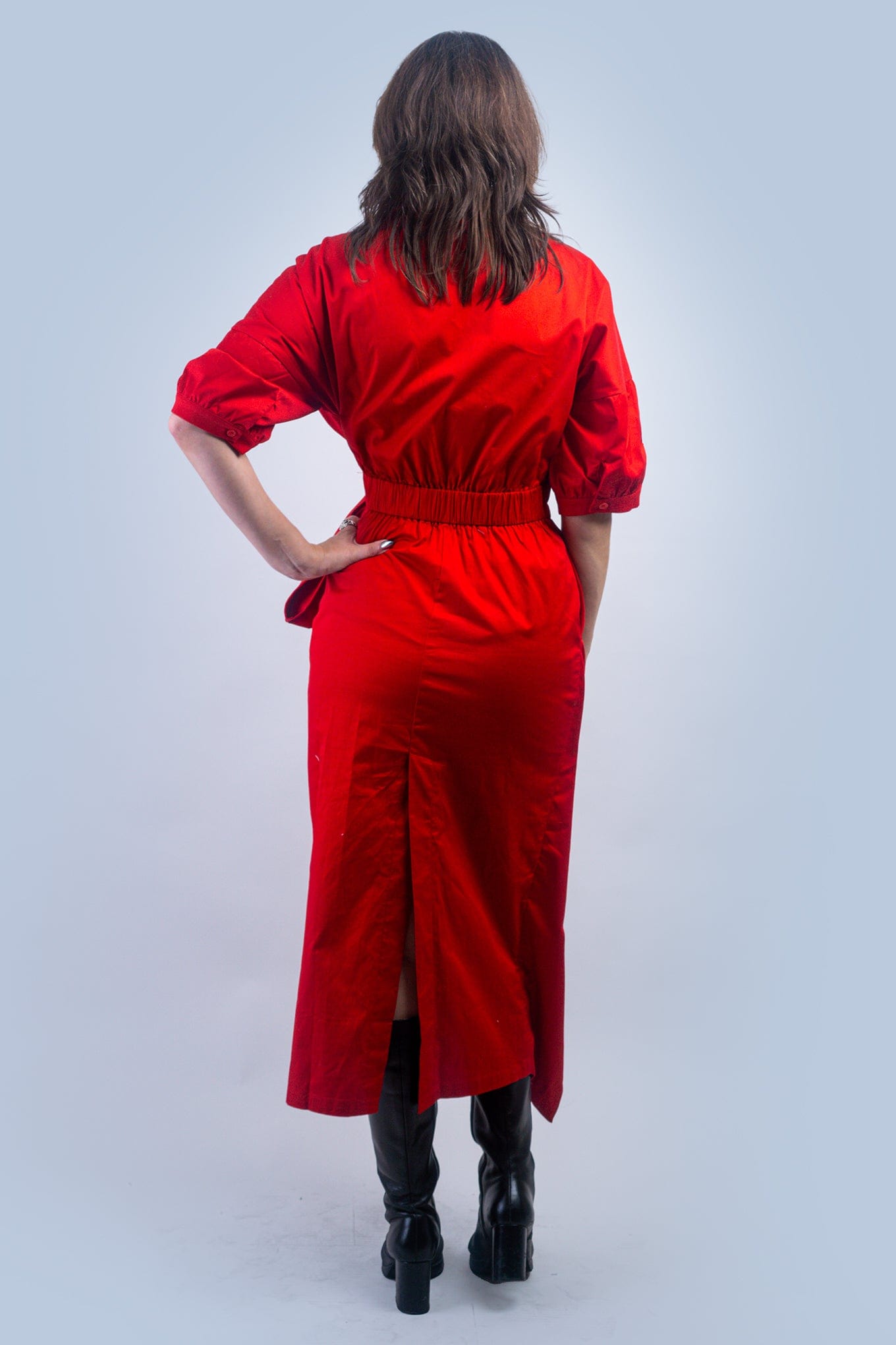 DCD DRESSES Red Cotton Side Tie Shirt Dress