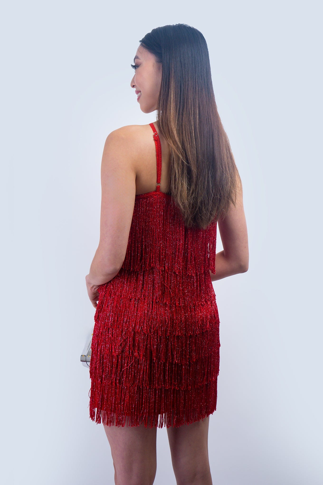 DCD DRESSES Red Lurex Fringe Tiers Dress