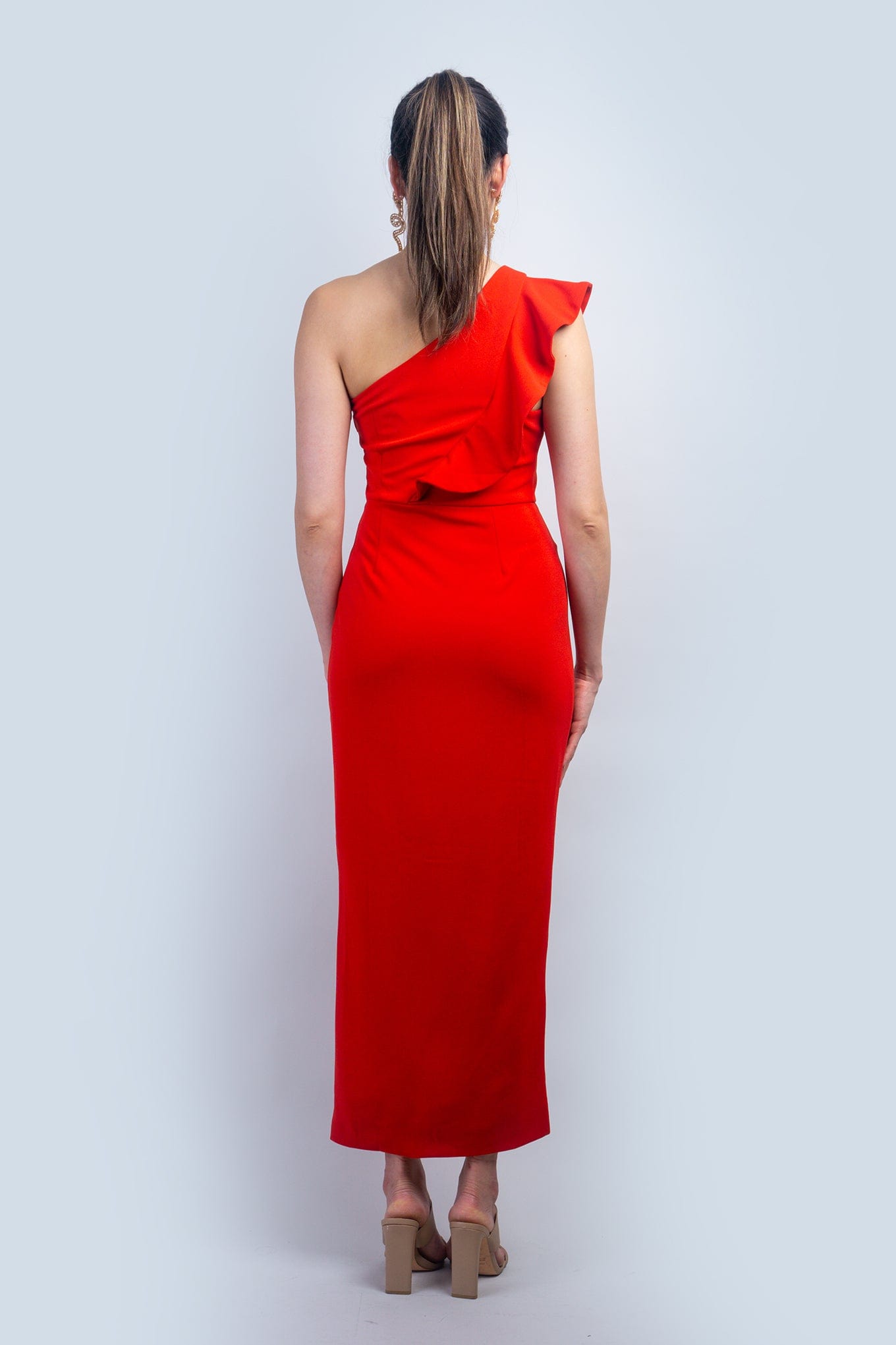 DCD DRESSES Red One Shoulder Ruffle Midi Dress