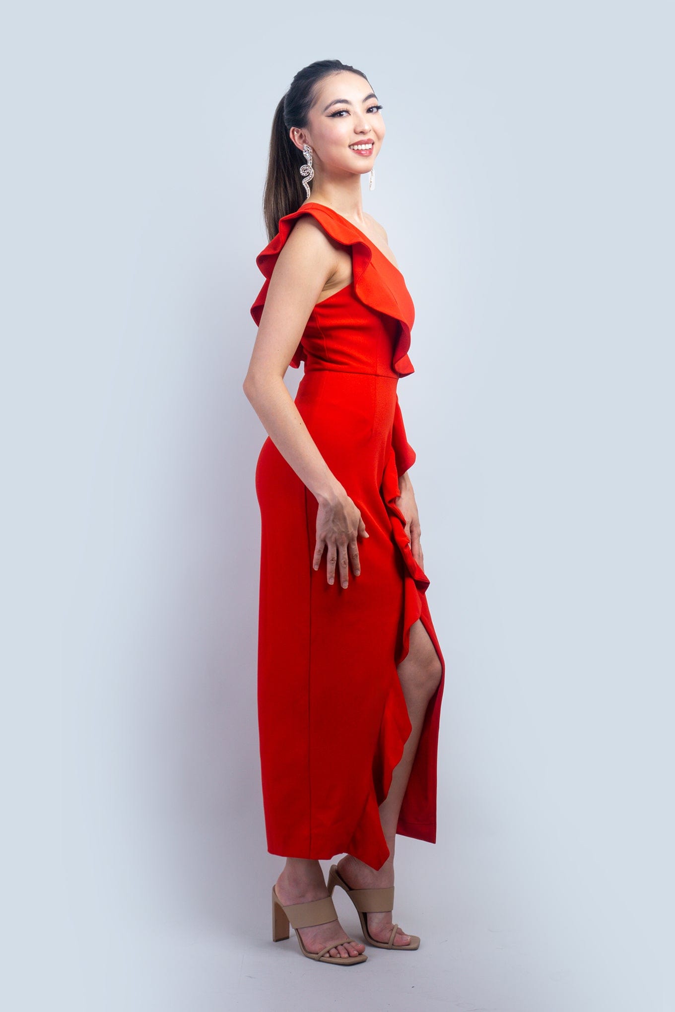 DCD DRESSES Red One Shoulder Ruffle Midi Dress