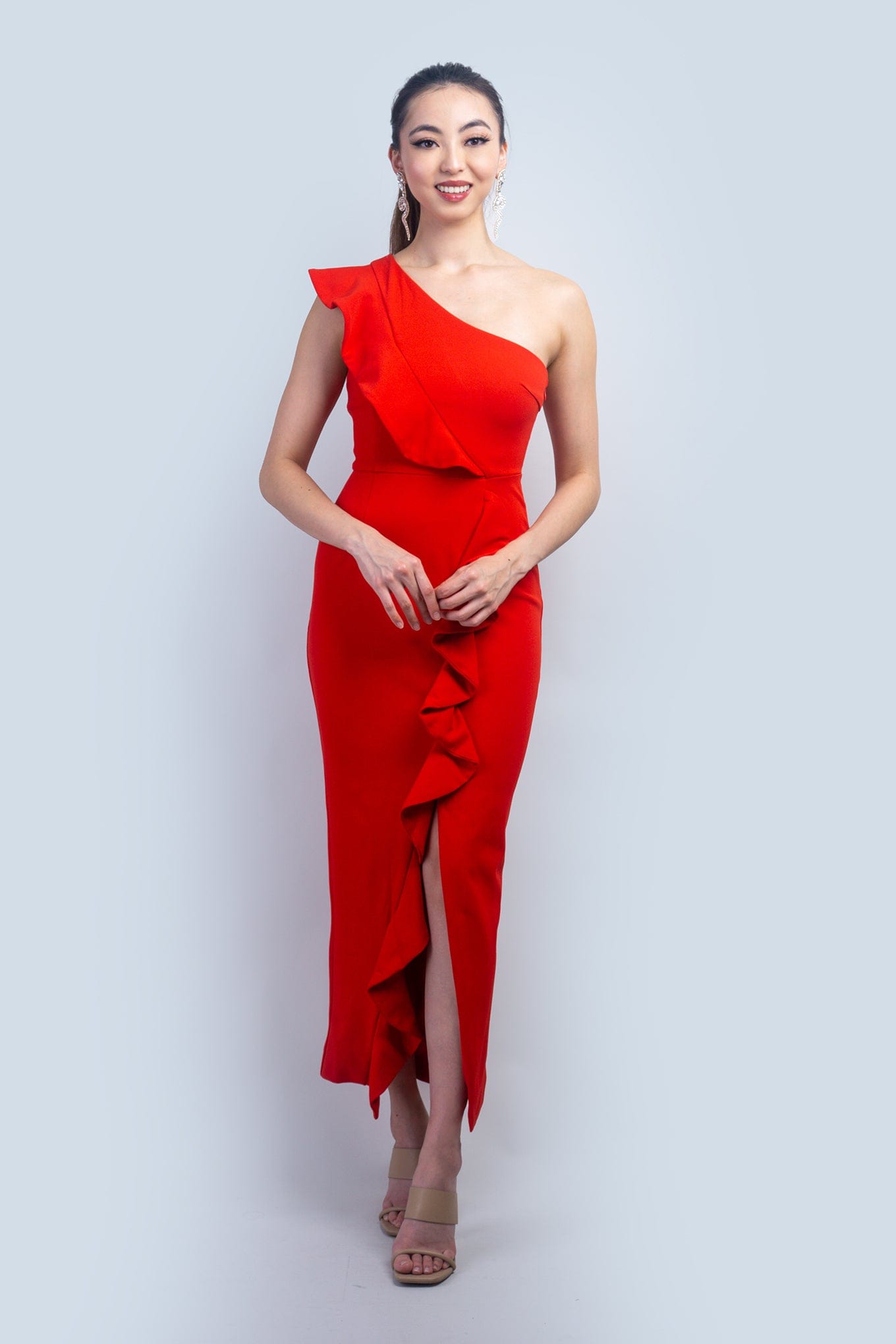 DCD DRESSES Red One Shoulder Ruffle Midi Dress