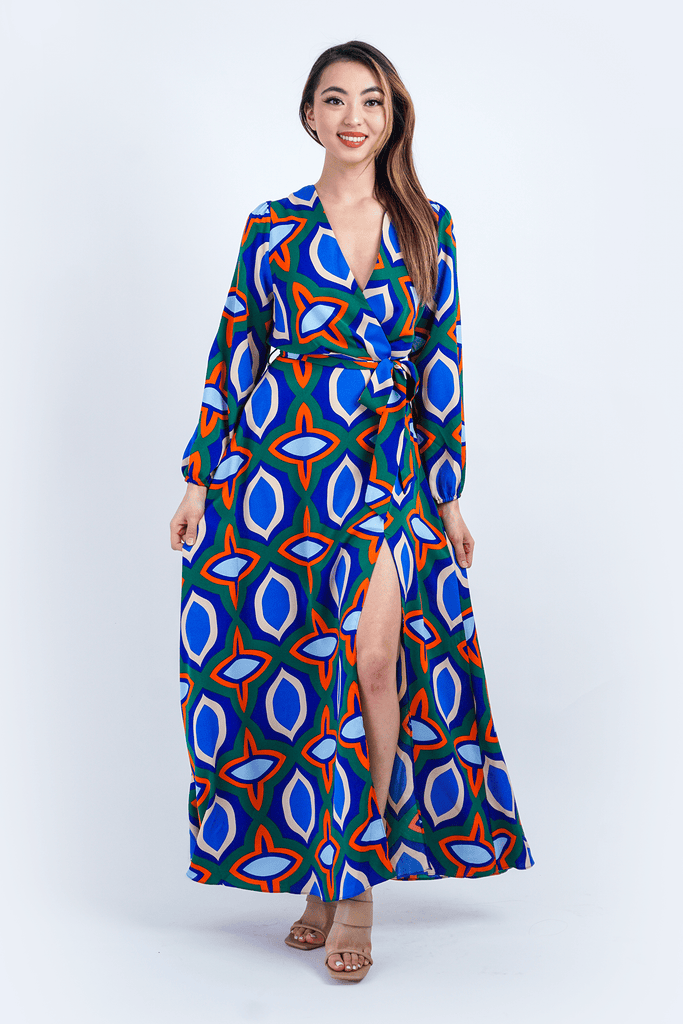 Royal Blue Multicolor Abstract Print L/S Maxi Dress - Chloe Dao