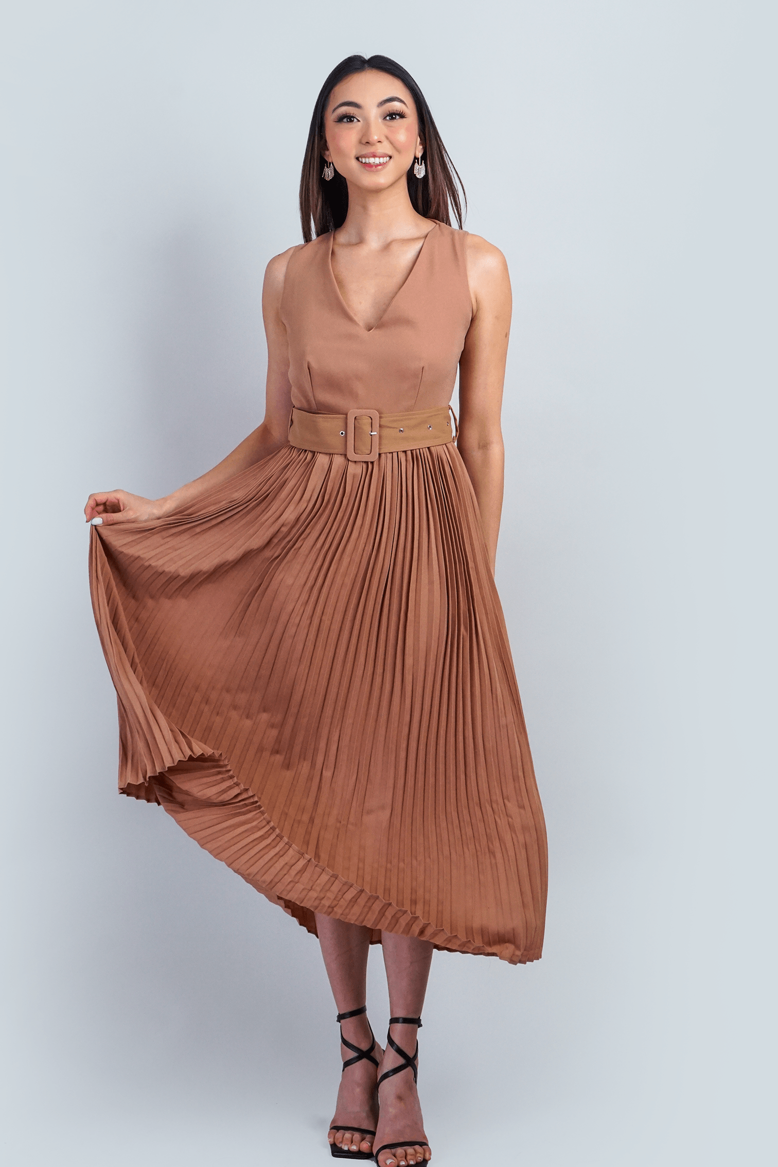 DCD DRESSES Tan Open Back Plunge Neck Belted Midi Dress