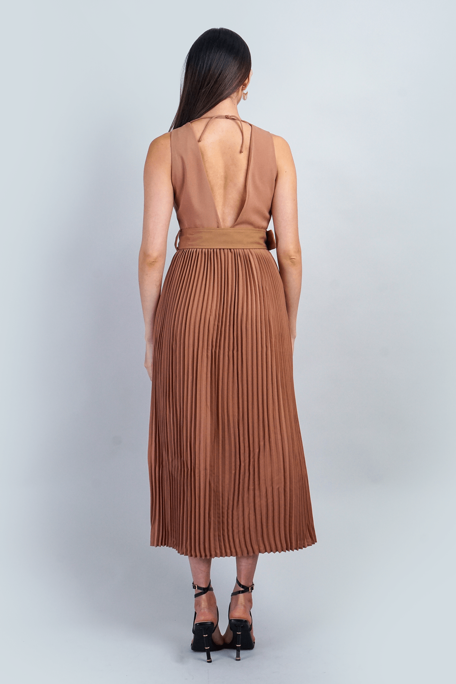 DCD DRESSES Tan Open Back Plunge Neck Belted Midi Dress