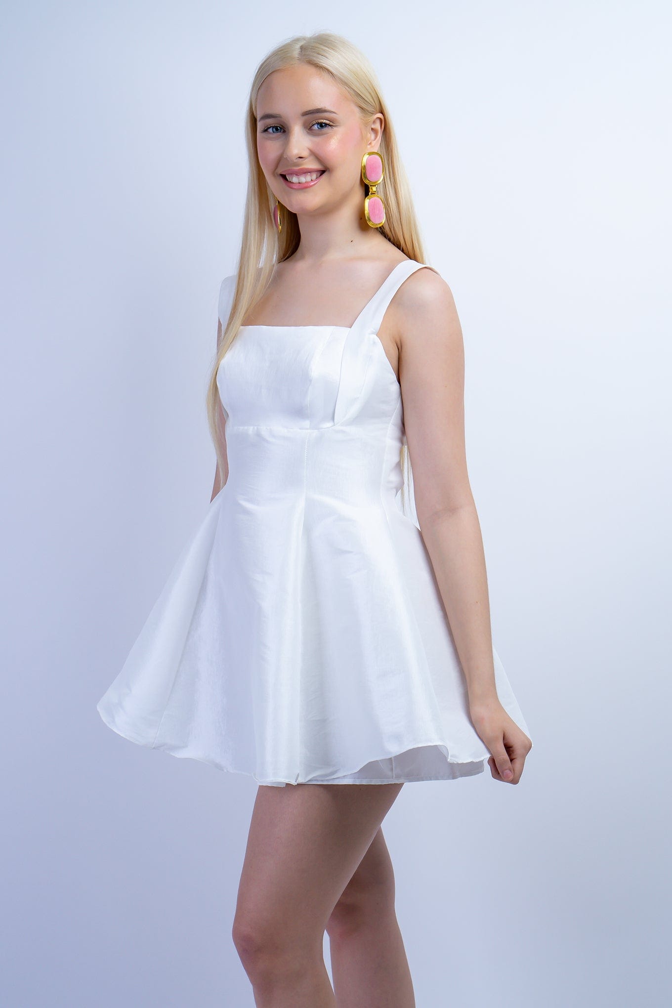 DCD DRESSES White Satin Square Neck Flared Dress