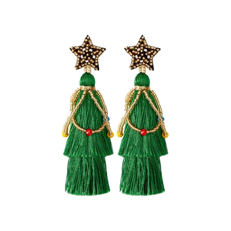 DCD EARRINGS Fashion Green Rice Beads Braided Five-pointed Star Tassel Christmas Earrings