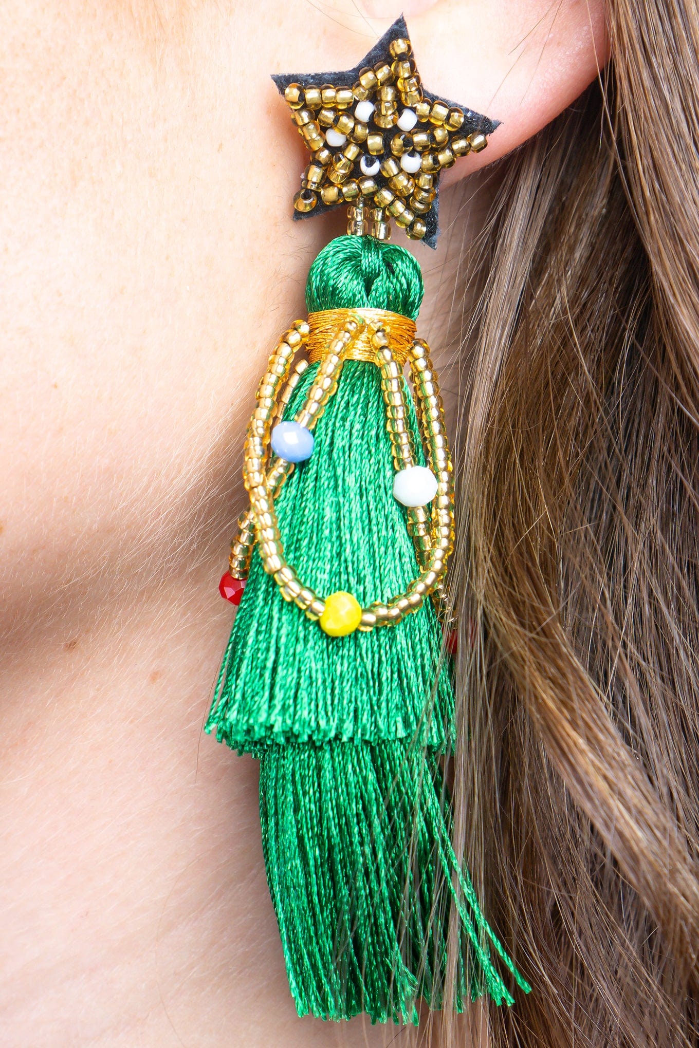 DCD EARRINGS Fashion Green Rice Beads Braided Five-pointed Star Tassel Christmas Earrings