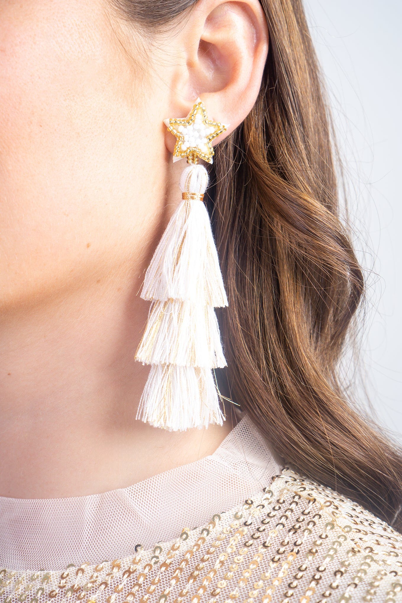 DCD EARRINGS Fashion White Rice Beads Braided Five-pointed Star Tassel Christmas Earrings