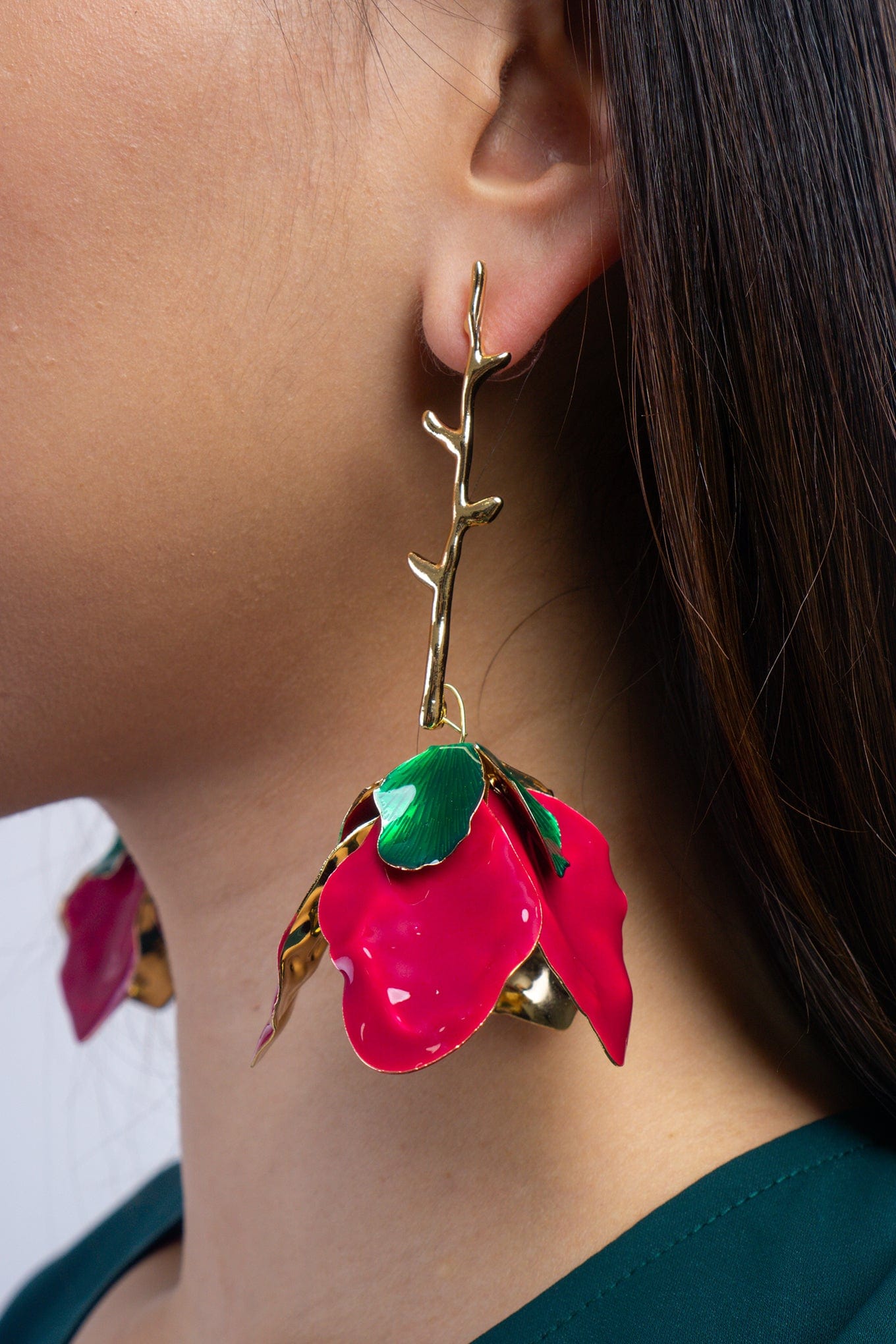 DCD EARRINGS Rose Red Metal Flower Oil Drop Earrings