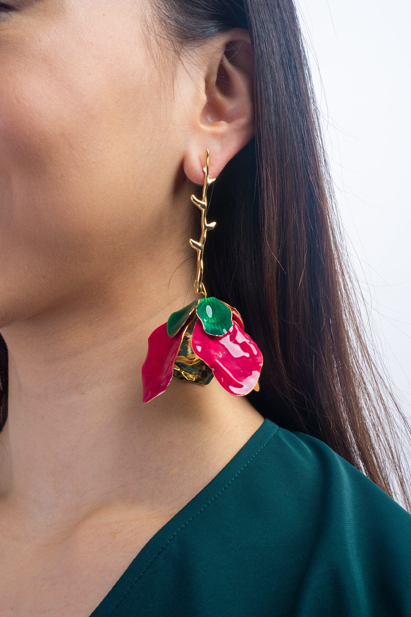 DCD EARRINGS Rose Red Metal Flower Oil Drop Earrings