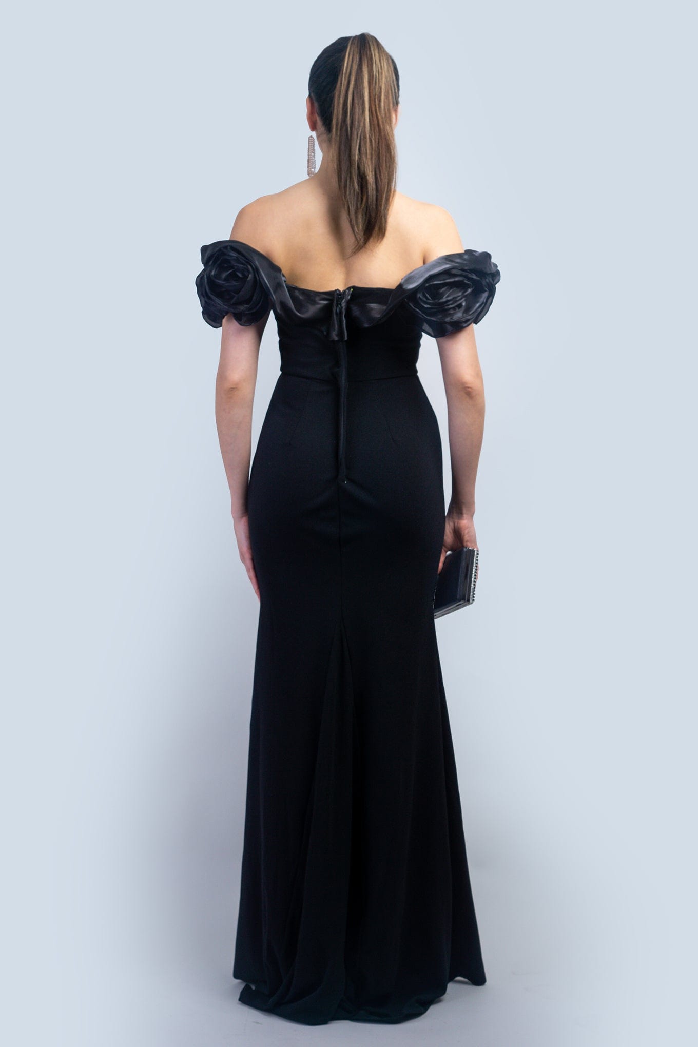 DCD Gown Black Sweetheart Rosette Shldr Gown