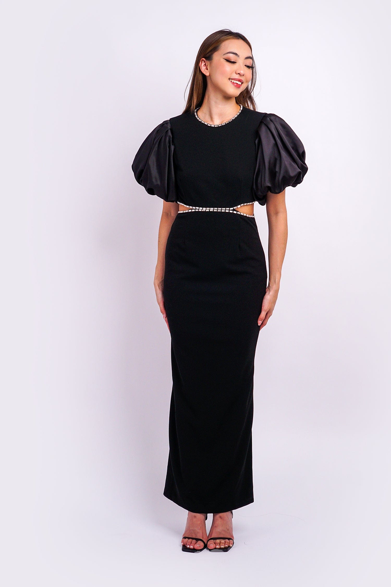 Black Fringe Sleeve Deep V Neck Gown - Chloe Dao