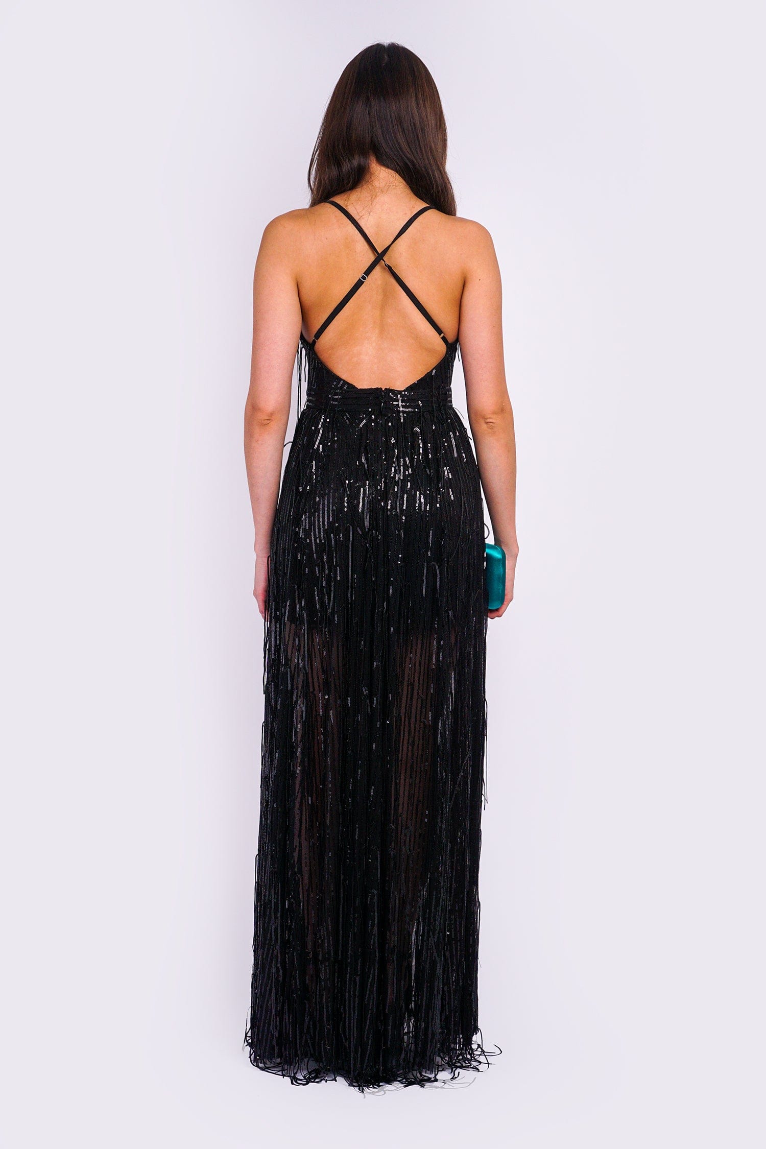 Black sequin plunge clearance dress with fringed skirt