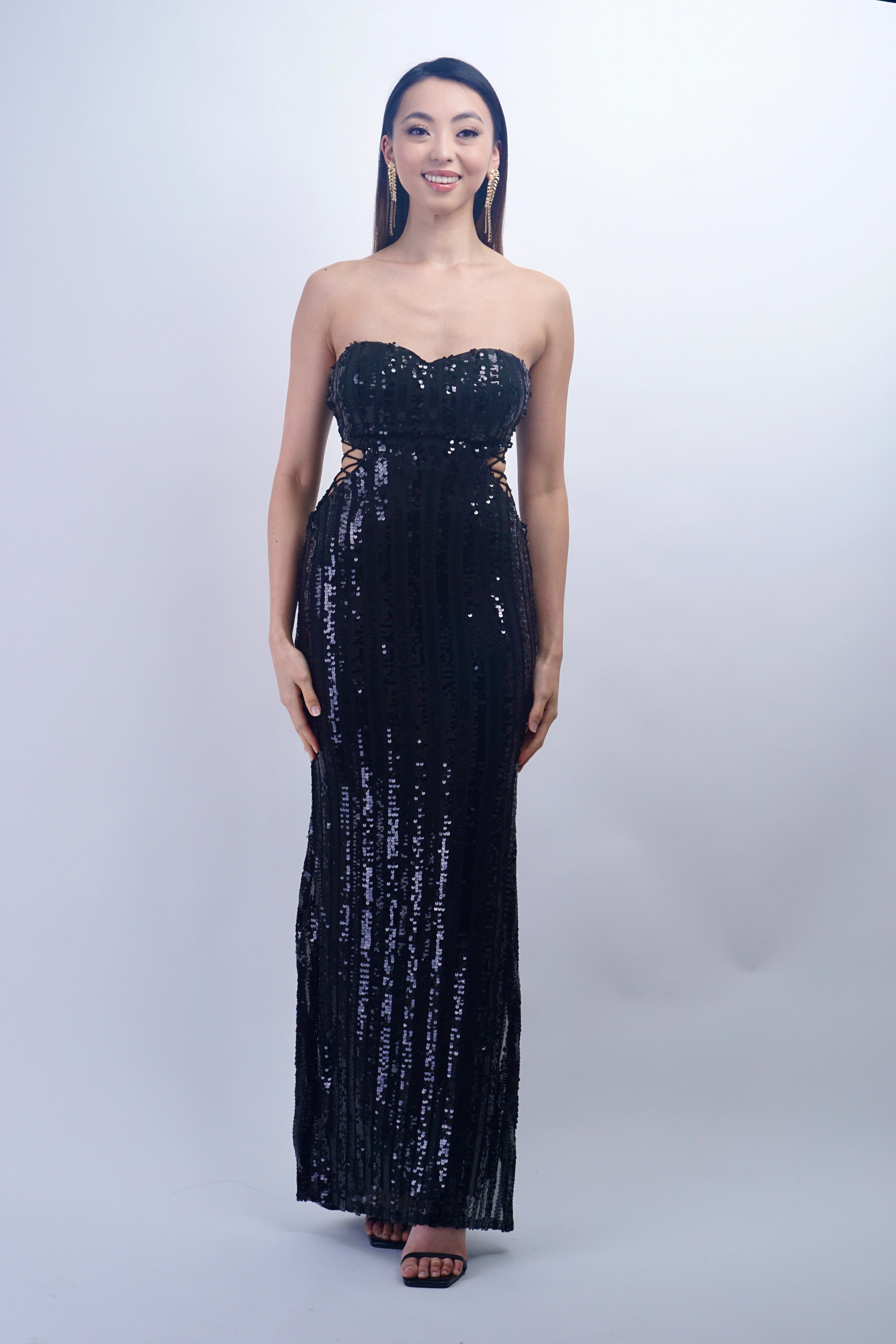 DCD GOWNS Black Sweetheart Strapless Sequin Lace Up Gown