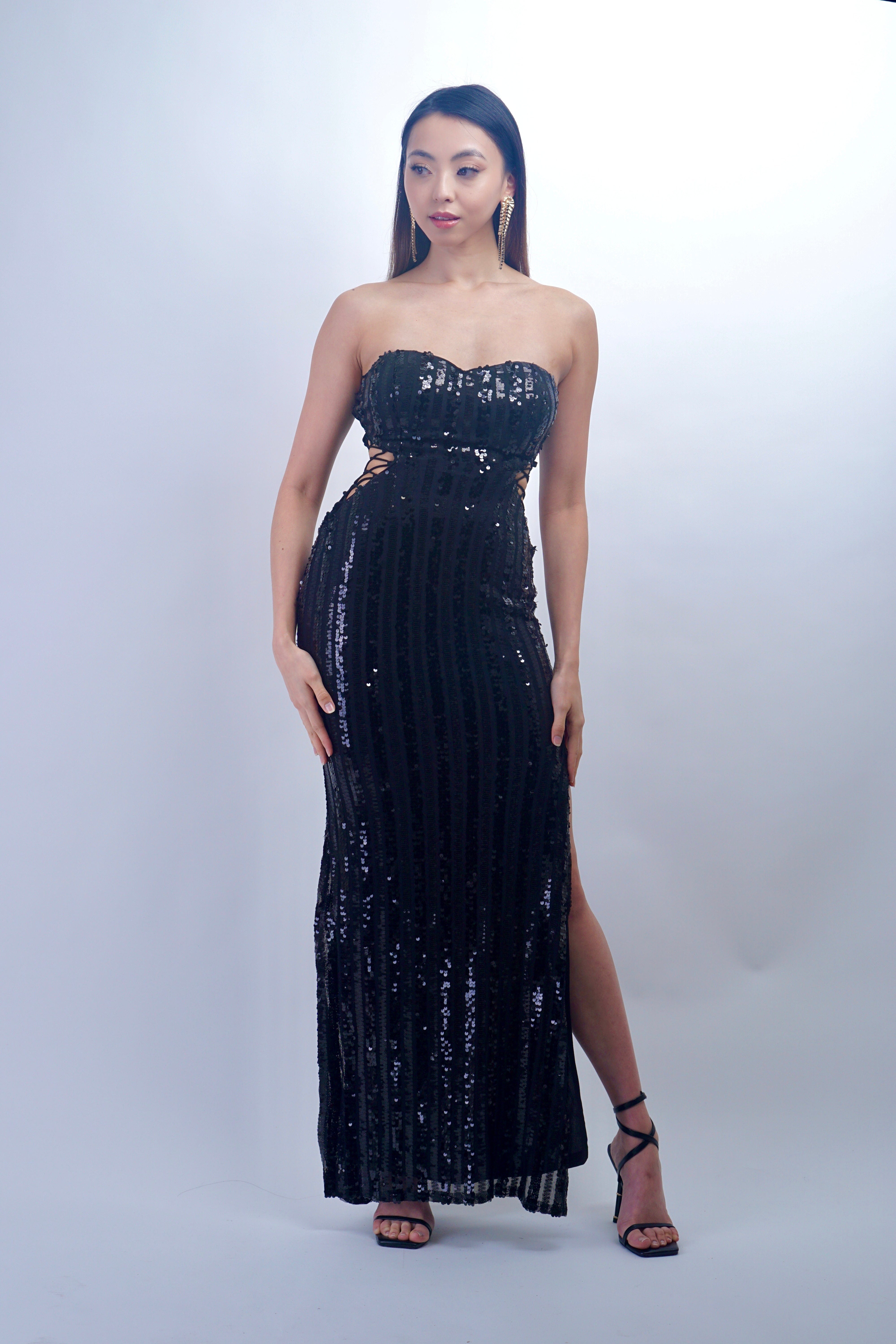 DCD GOWNS Black Sweetheart Strapless Sequin Lace Up Gown