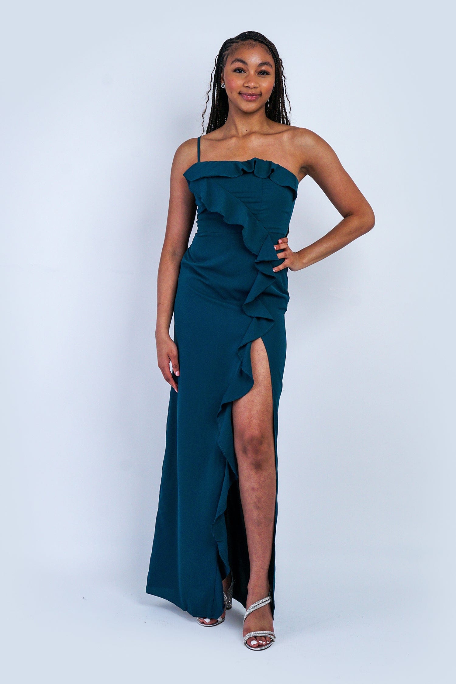 Deep Teal One Shoulder Delicate Ruffle Gown