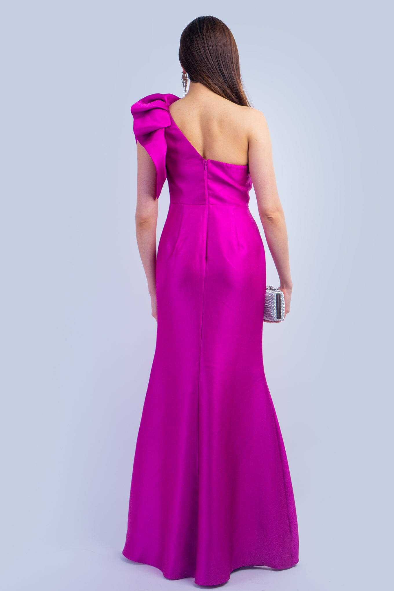 DCD GOWNS Magenta One Shoulder Dramatic Ruffle Gown