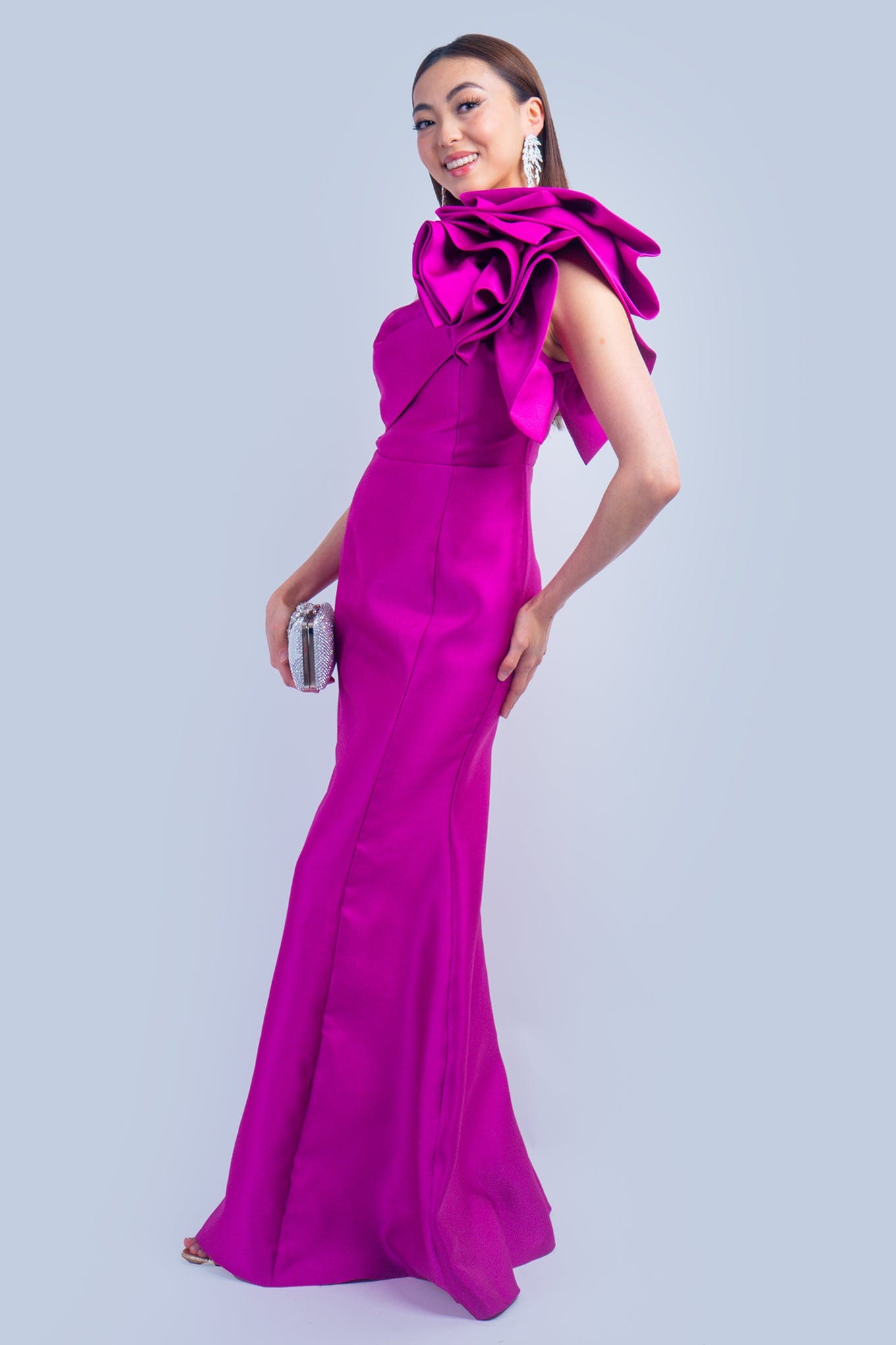 DCD GOWNS Magenta One Shoulder Dramatic Ruffle Gown