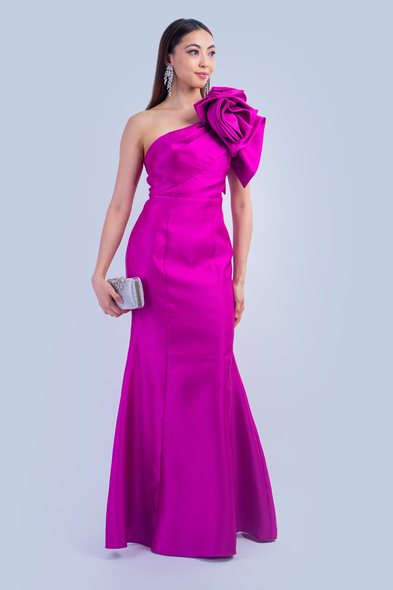 DCD GOWNS Magenta One Shoulder Dramatic Ruffle Gown