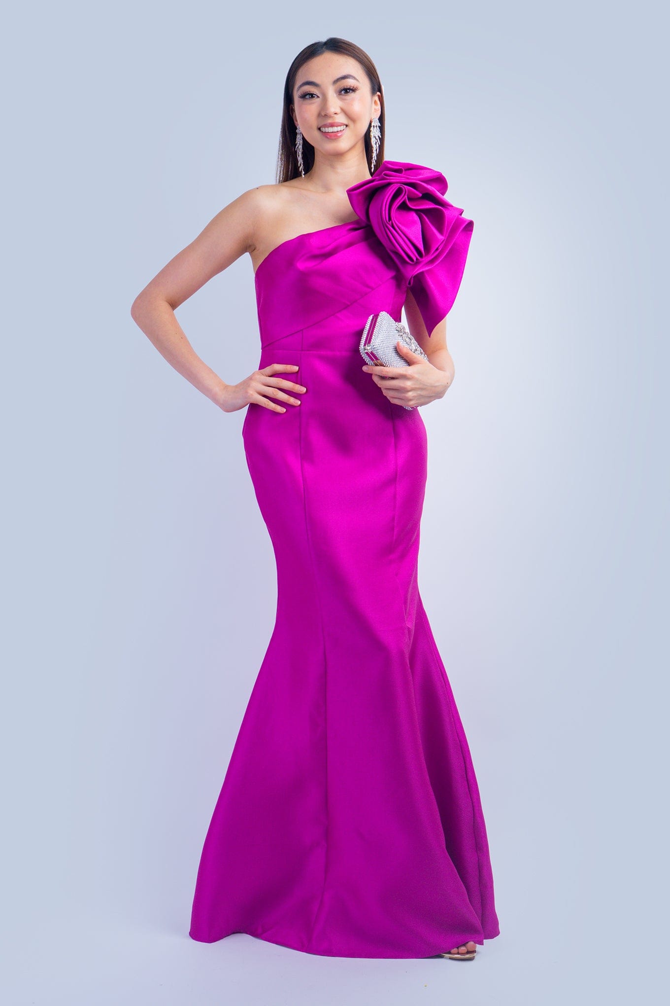 DCD GOWNS Magenta One Shoulder Dramatic Ruffle Gown