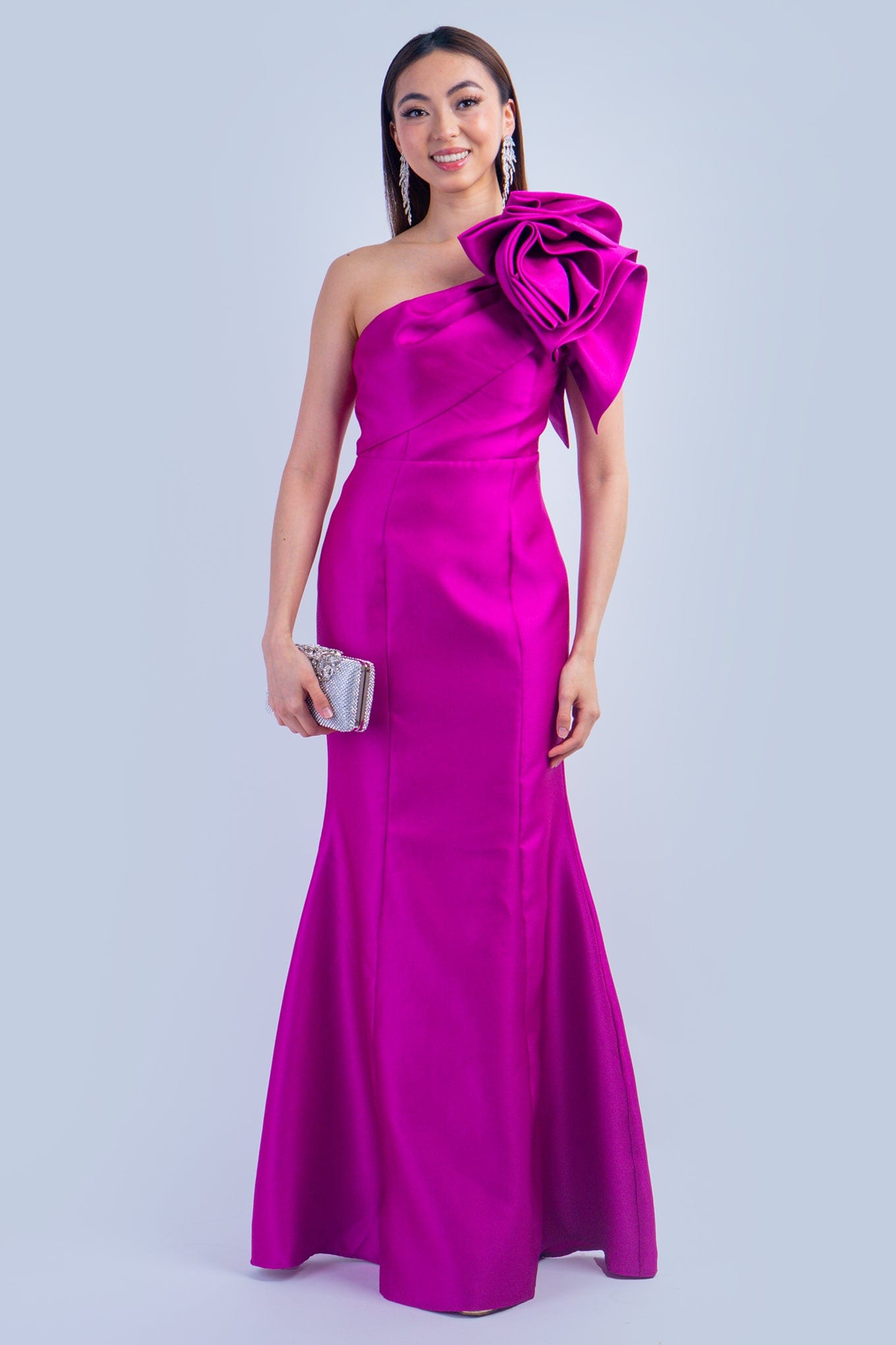 DCD GOWNS Magenta One Shoulder Dramatic Ruffle Gown