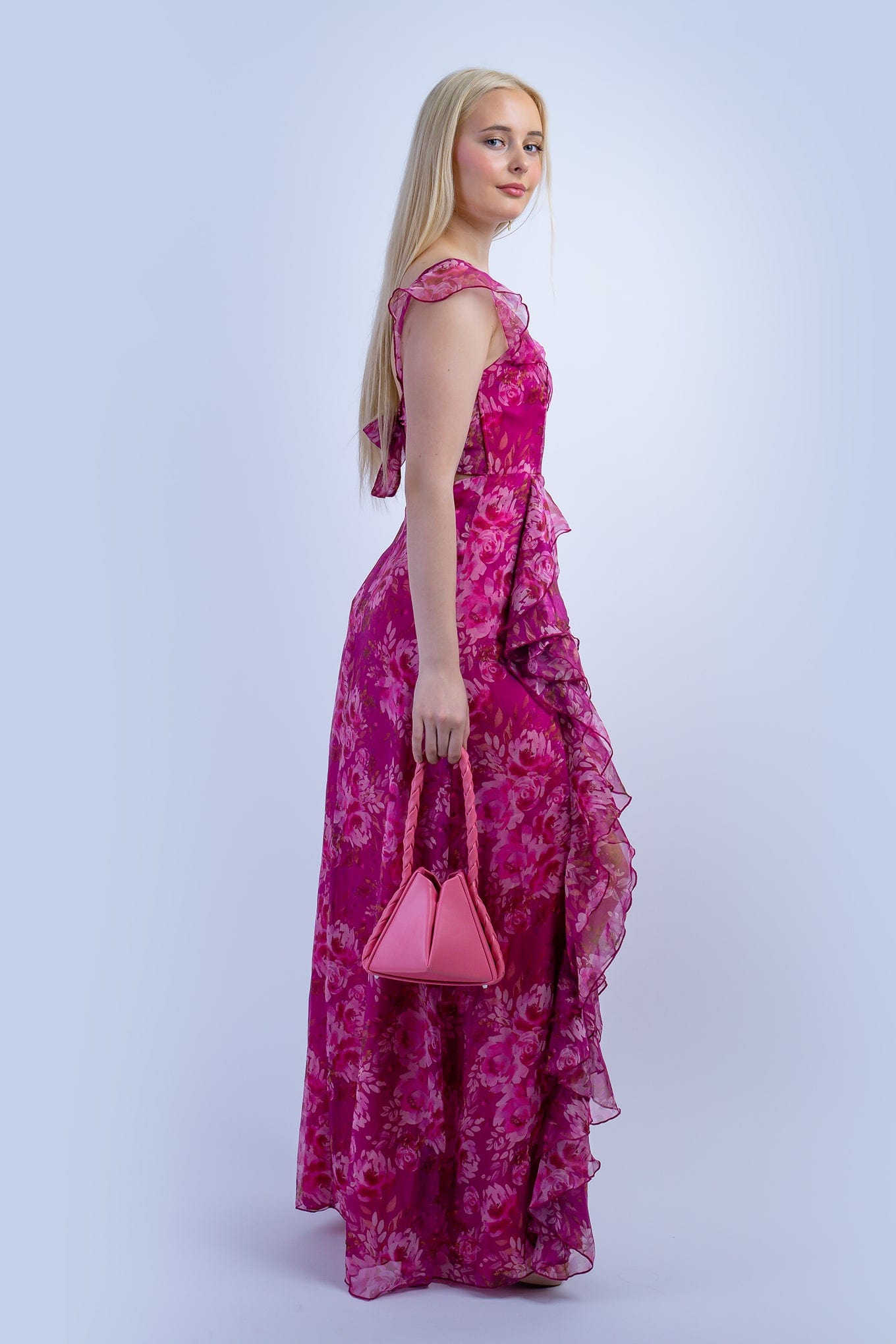 DCD GOWNS Pink Floral Ruffle U Neck Gown