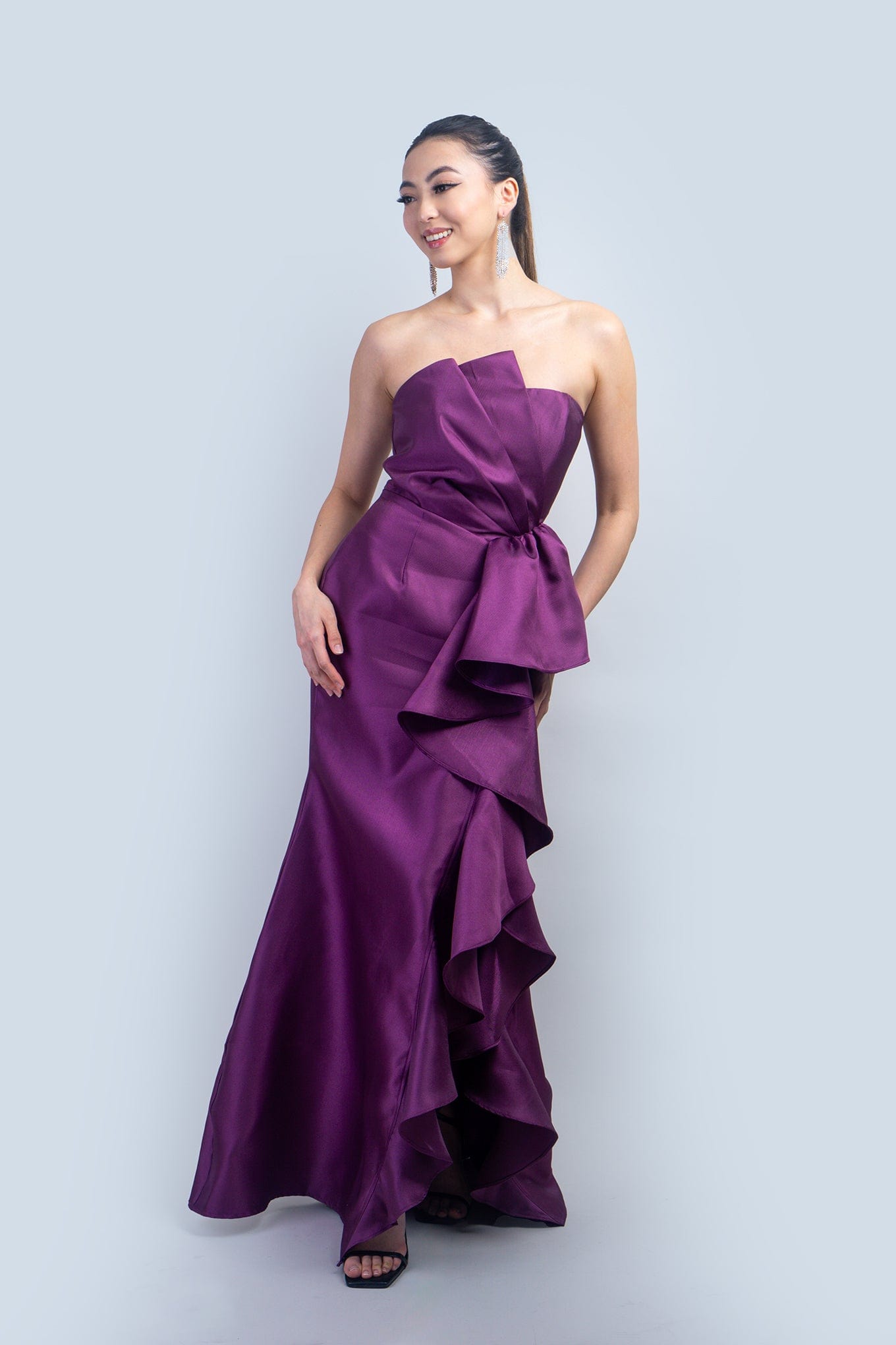 DCD GOWNS Purple Big Side Ruffle Gown